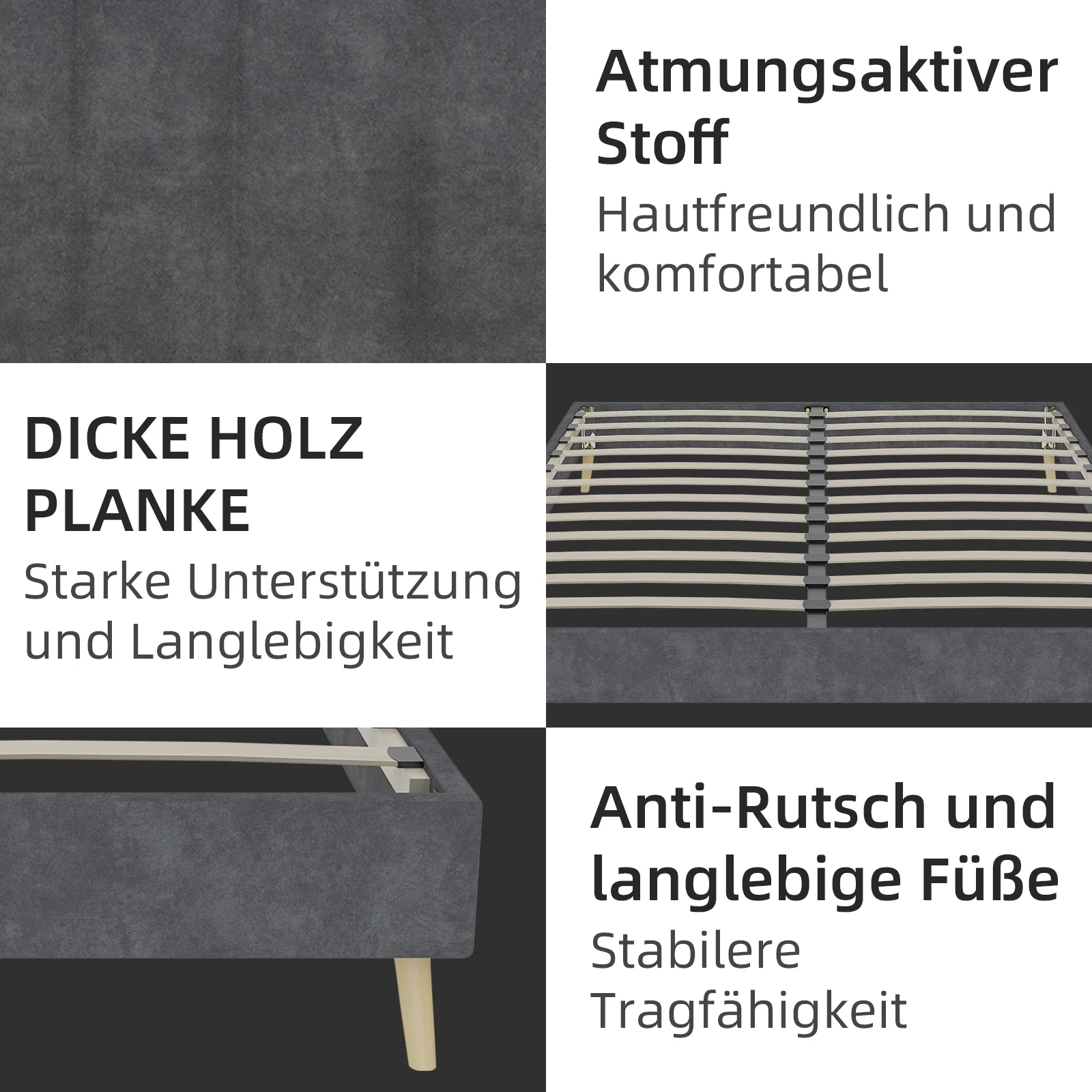 Modern Minimalist Bed Frame 140x200cm Low-Profile Base Grey Dutch Velvet - Image 2