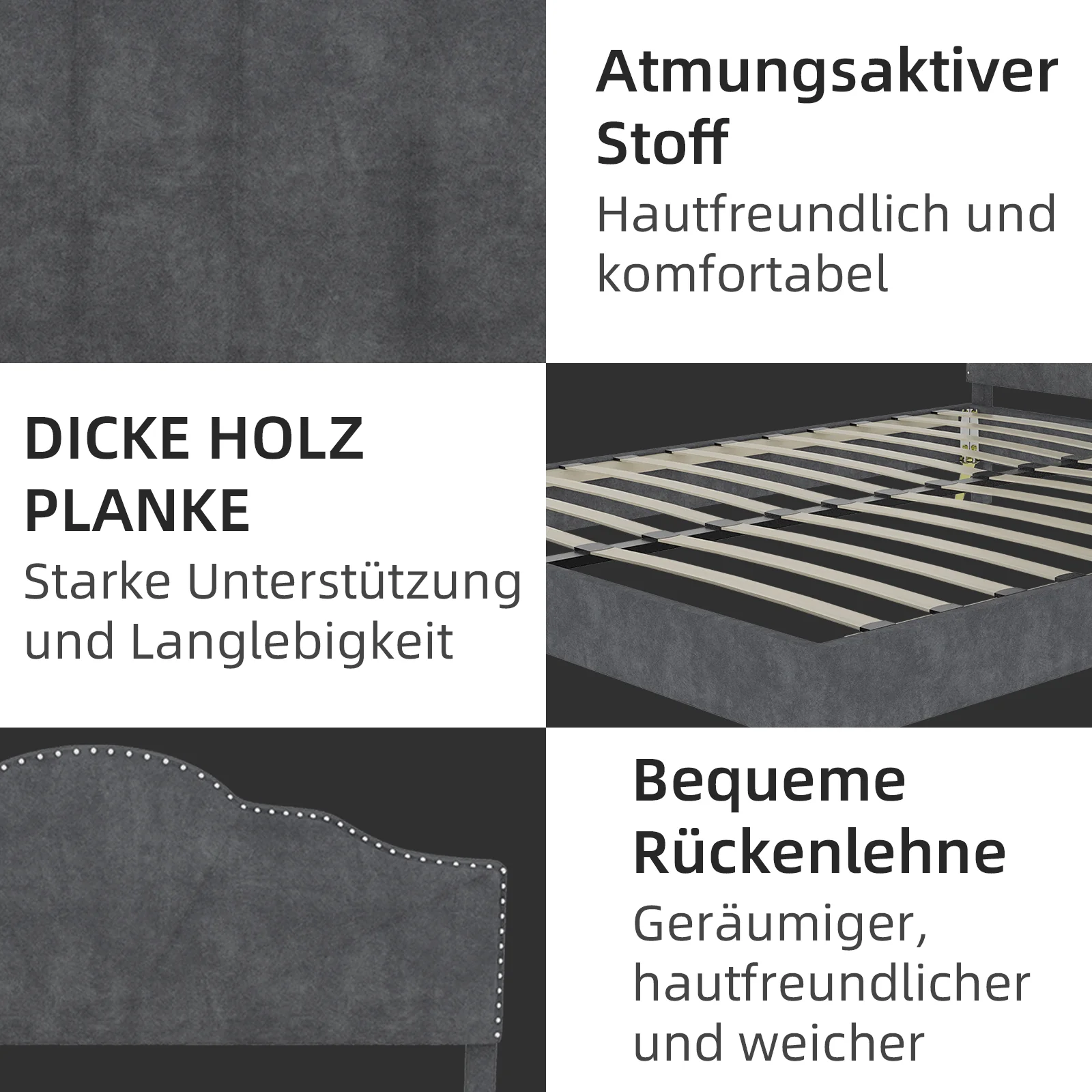 Modern Minimalist Soft Bed, Comfortable Headboard, 160x200cm, Gray - Image 2