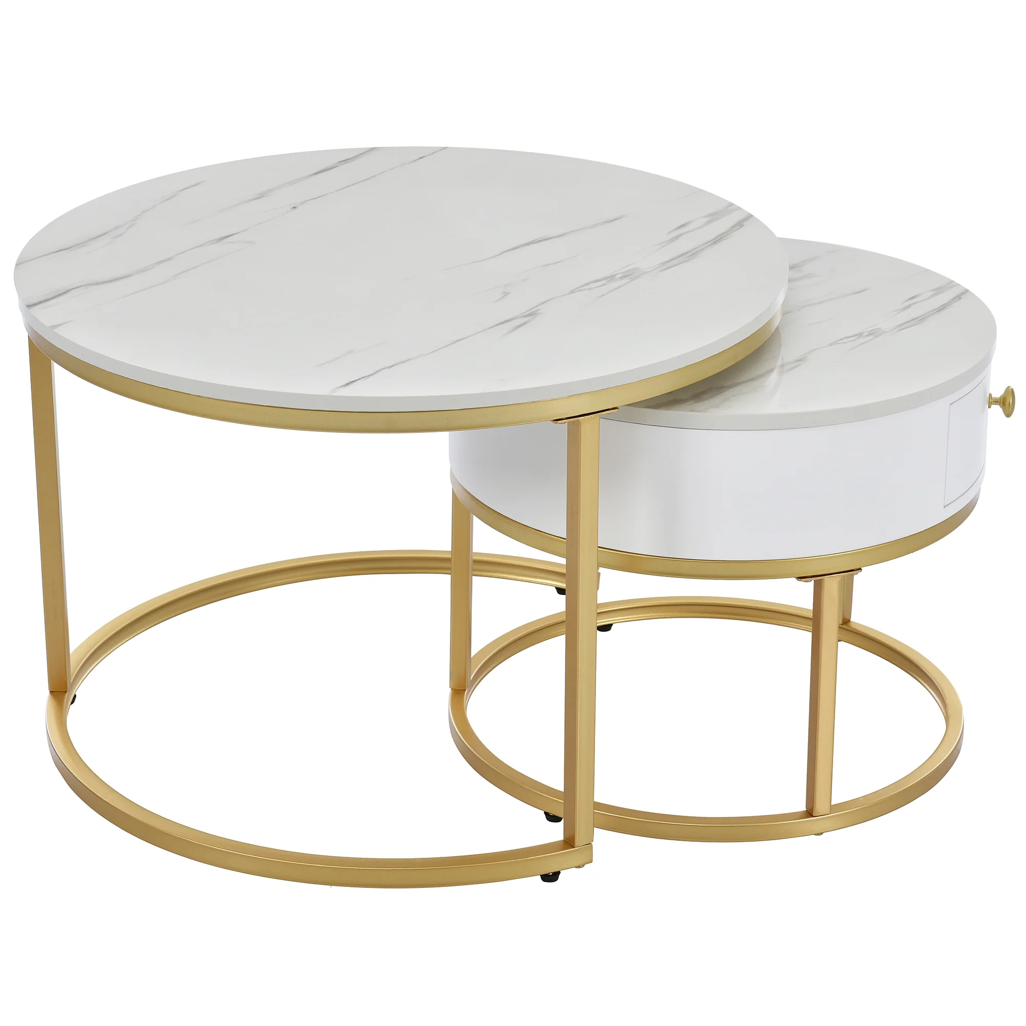 Modern Nesting Coffee Table, 2-Piece Set Round Nested Side Table, High Gloss White Marble Pattern - Image 10