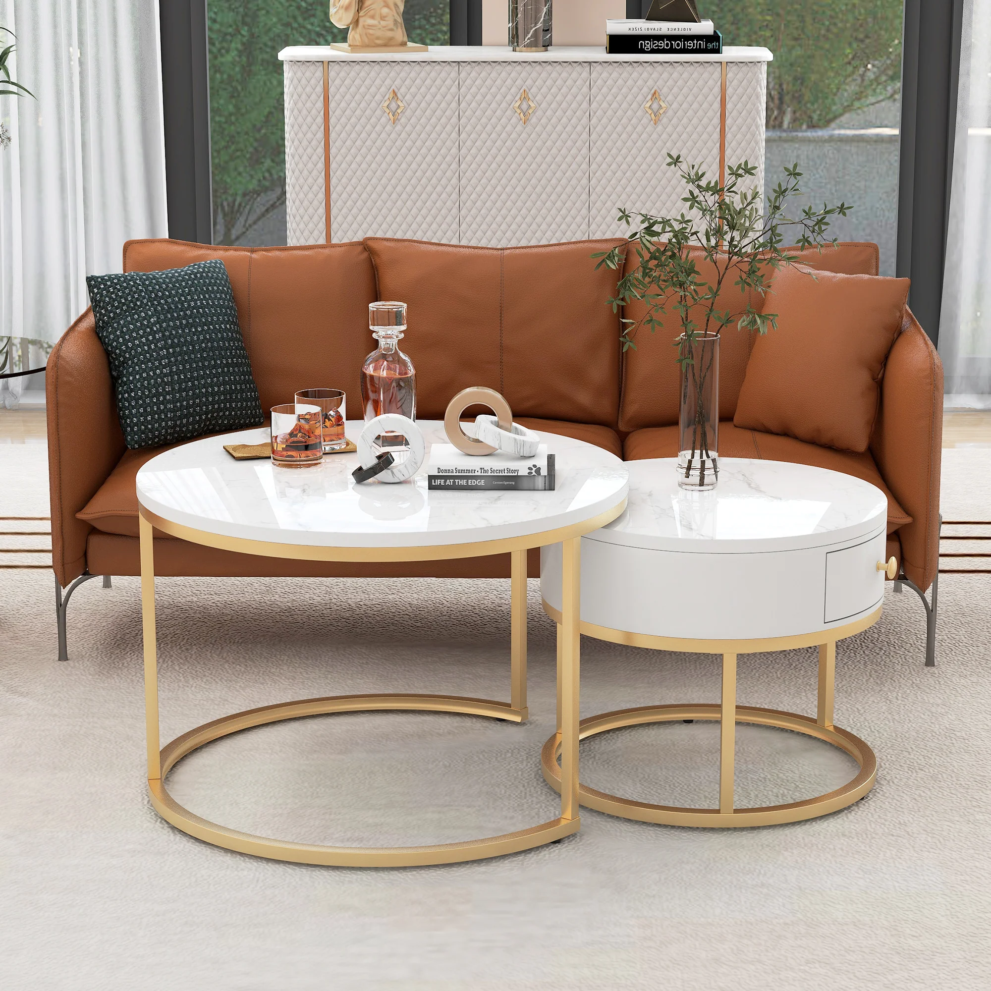 Modern Nesting Coffee Table, 2-Piece Set Round Nested Side Table, High Gloss White Marble Pattern - Image 2