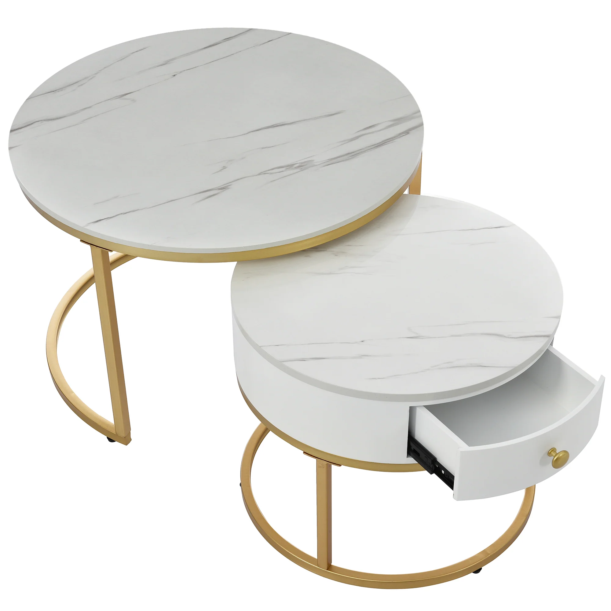 Modern Nesting Coffee Table, 2-Piece Set Round Nested Side Table, High Gloss White Marble Pattern - Image 3
