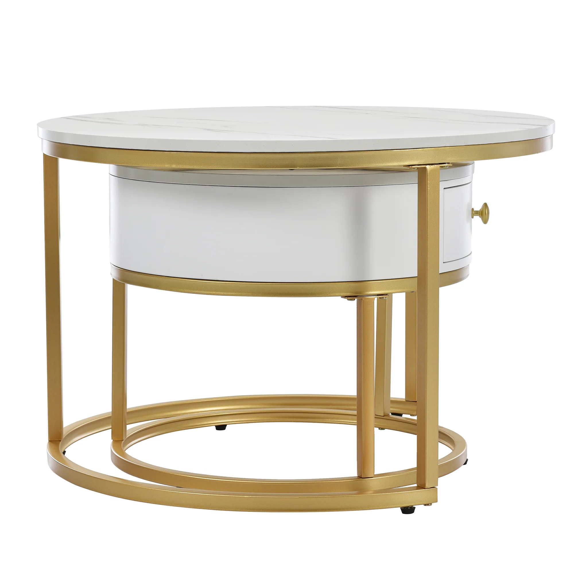 Modern Nesting Coffee Table, 2-Piece Set Round Nested Side Table, High Gloss White Marble Pattern - Image 4