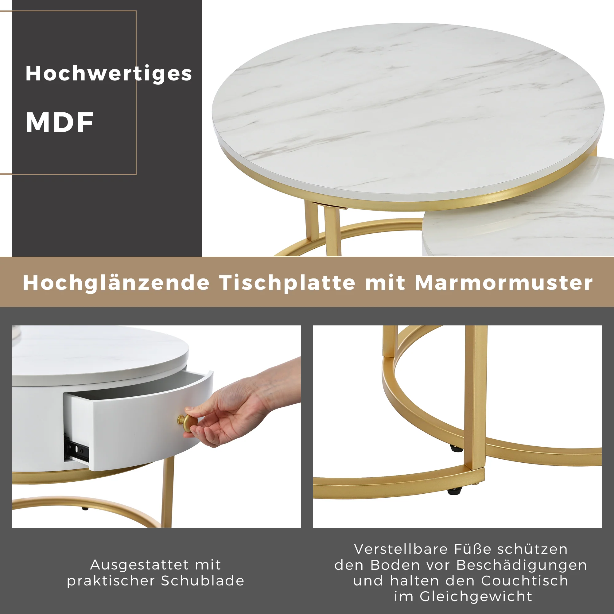 Modern Nesting Coffee Table, 2-Piece Set Round Nested Side Table, High Gloss White Marble Pattern - Image 7