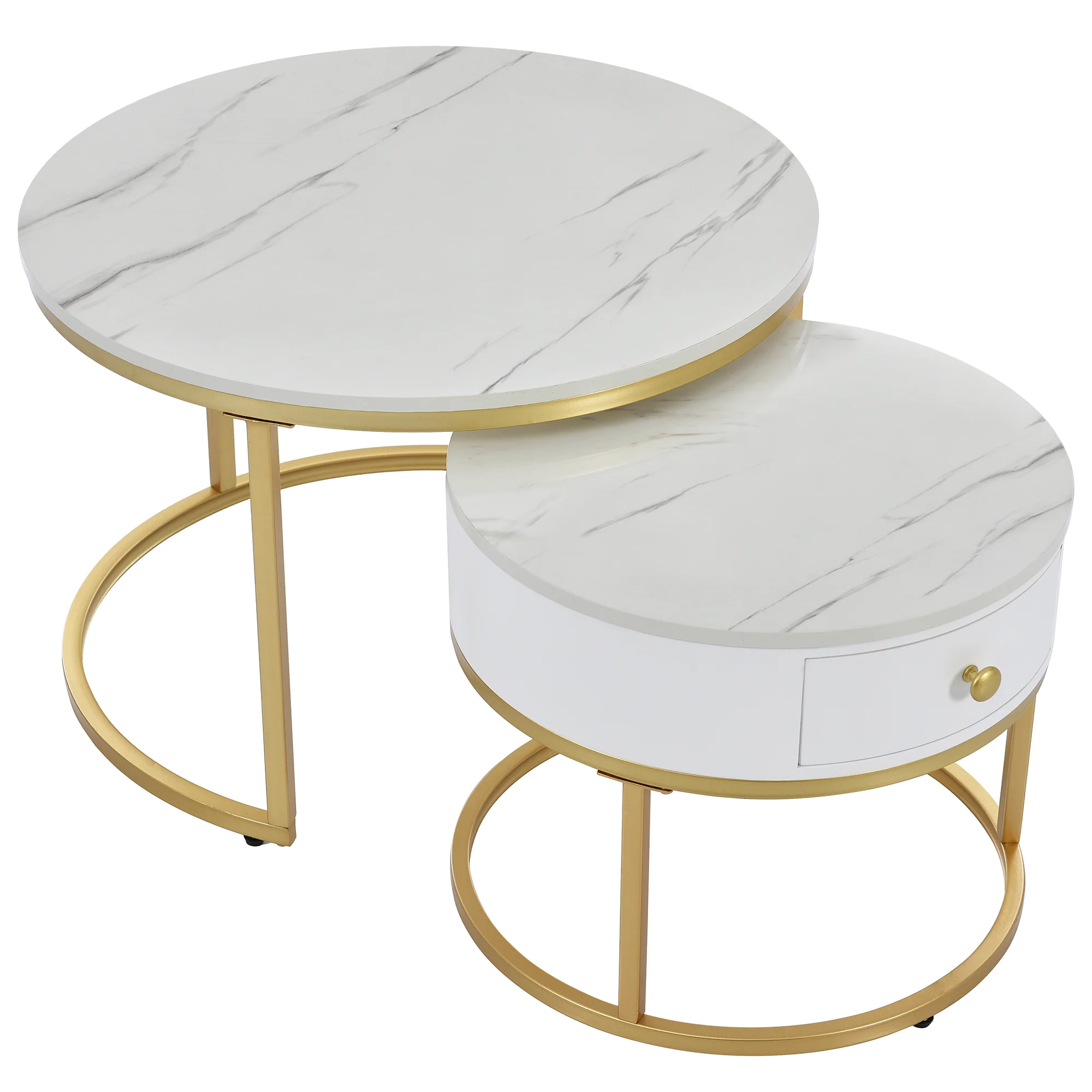 Modern Nesting Coffee Table, 2-Piece Set Round Nested Side Table, High Gloss White Marble Pattern - Image 8