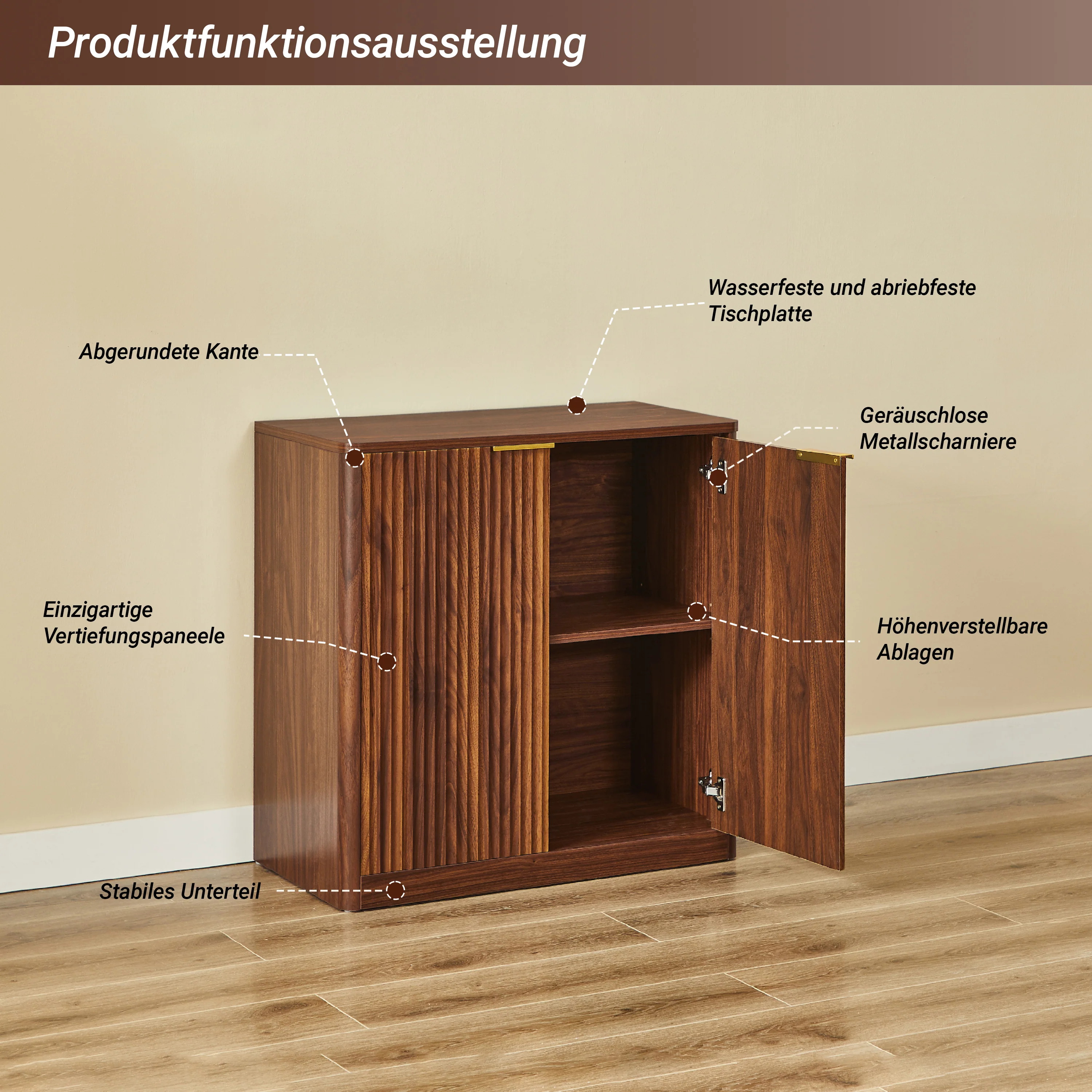 Modern Sideboard Recessed Panels Adjustable Shelves Waterproof Top 120x40x76cm - Brown - Image 6
