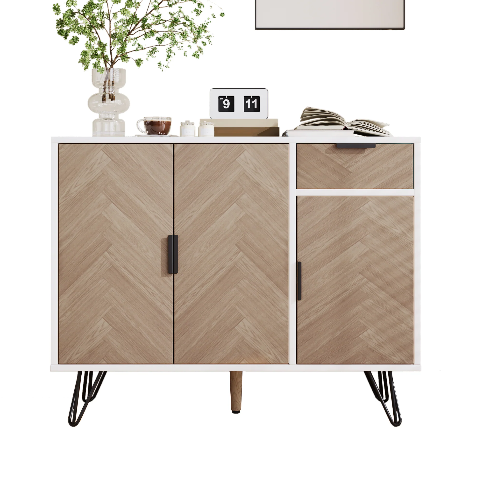 Modern storage cabinet, sideboard with drawer and adjustable shelves, white and wood look - Image 2