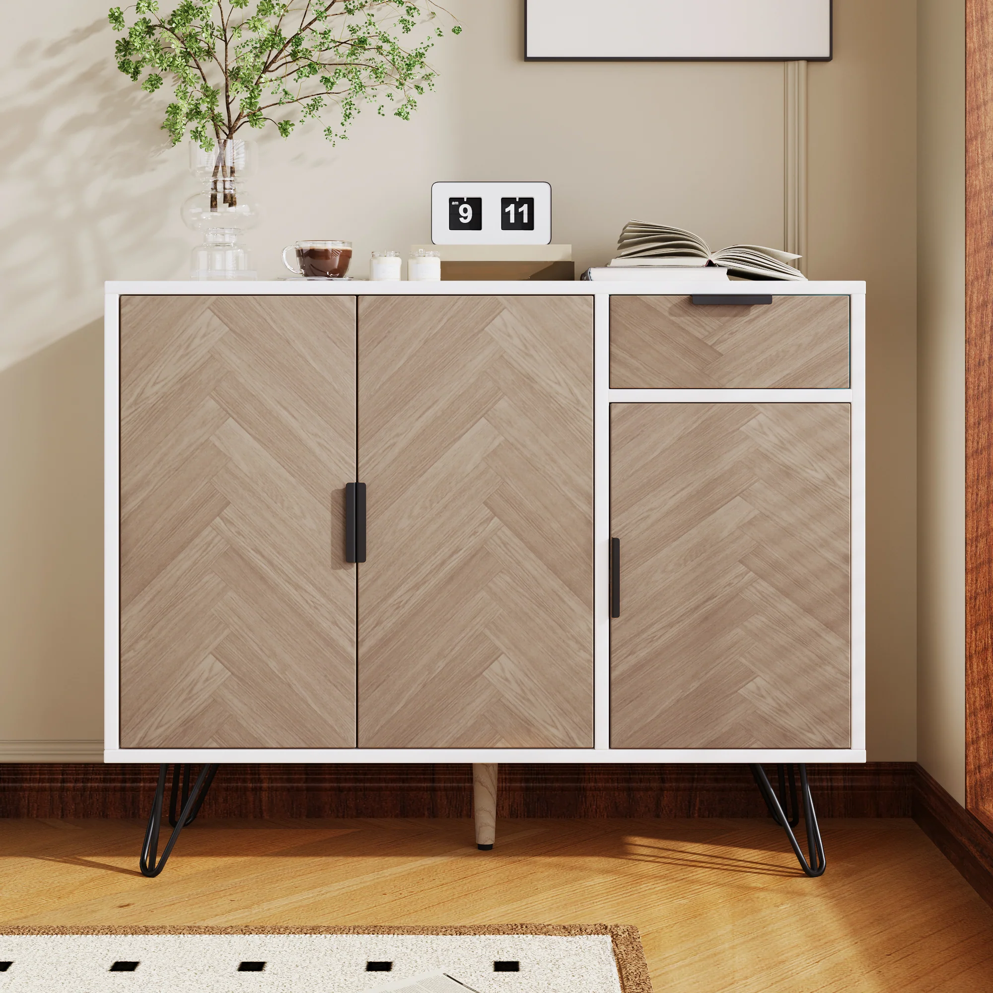 Modern storage cabinet, sideboard with drawer and adjustable shelves, white and wood look - Image 3