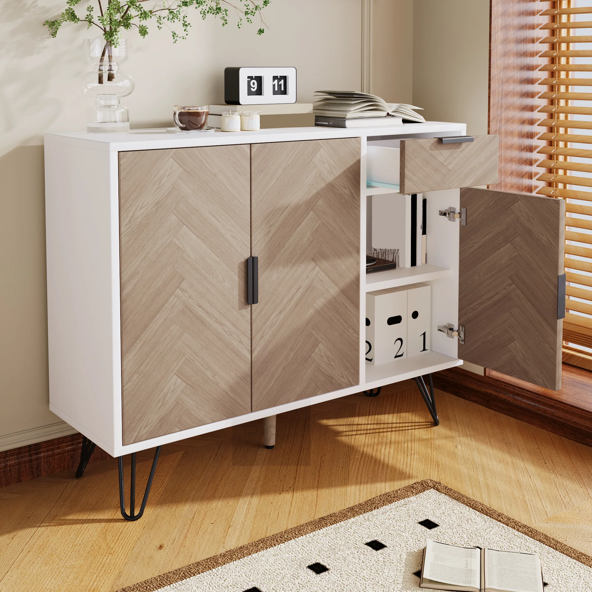 Modern storage cabinet, sideboard with drawer and adjustable shelves, white and wood look - Image 4