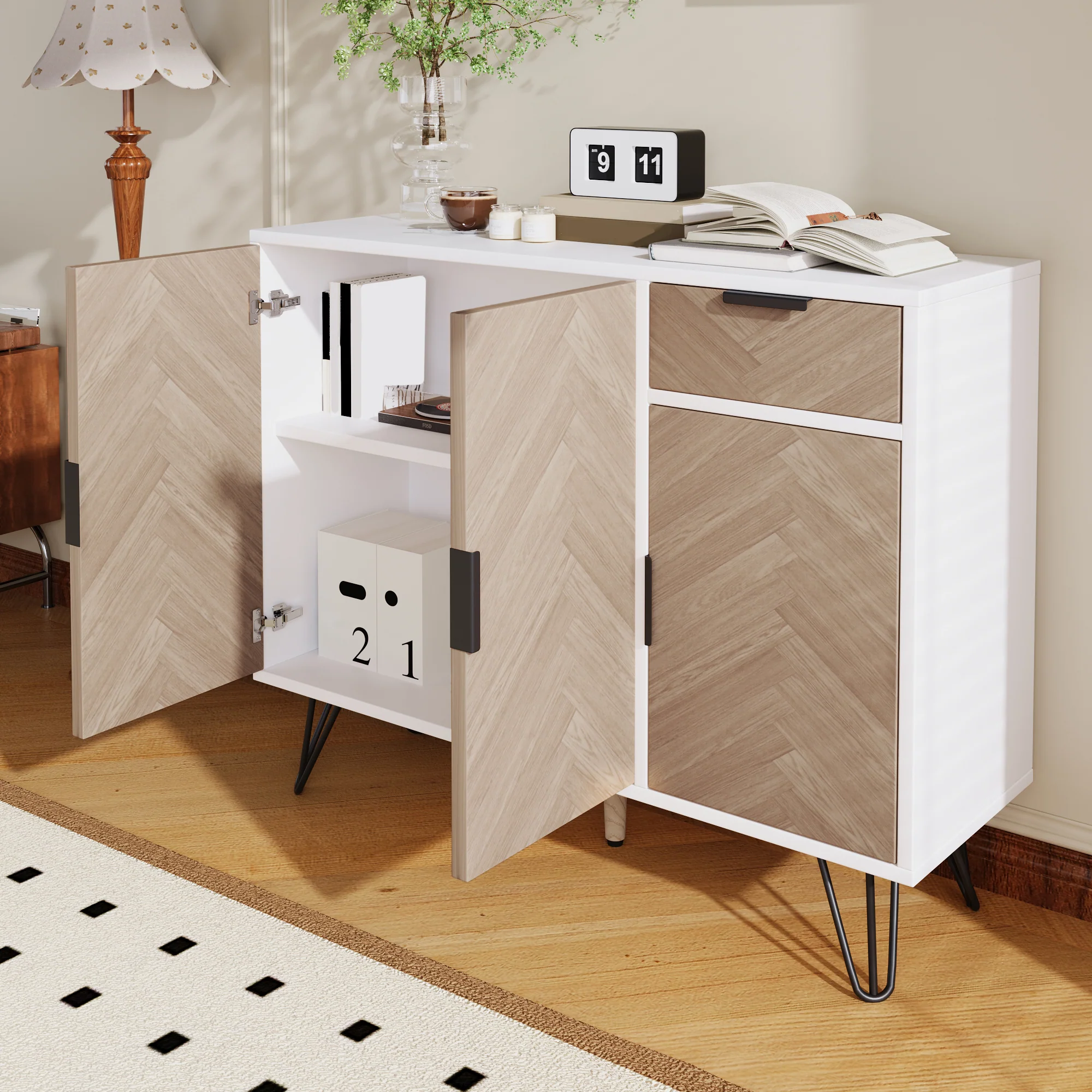 Modern storage cabinet, sideboard with drawer and adjustable shelves, white and wood look - Image 5