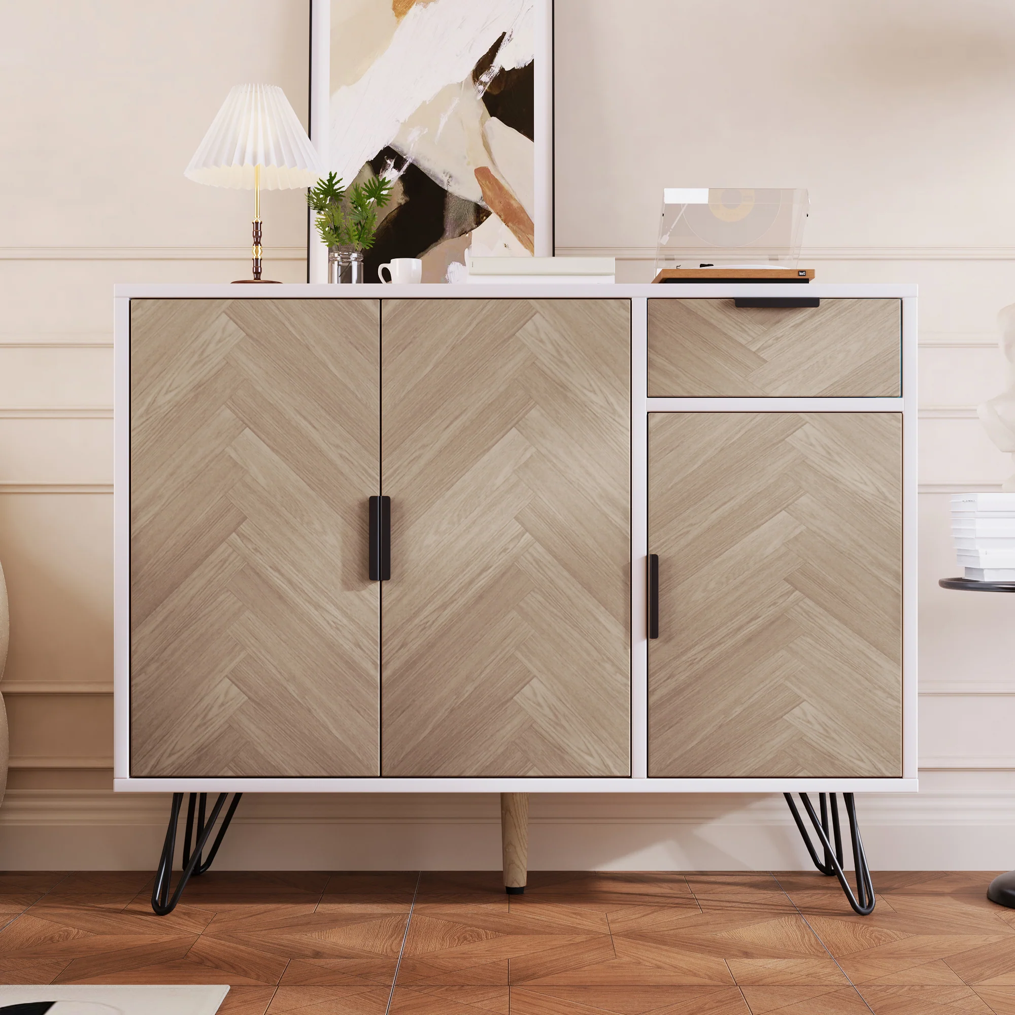 Modern storage cabinet, sideboard with drawer and adjustable shelves, white and wood look - Image 7