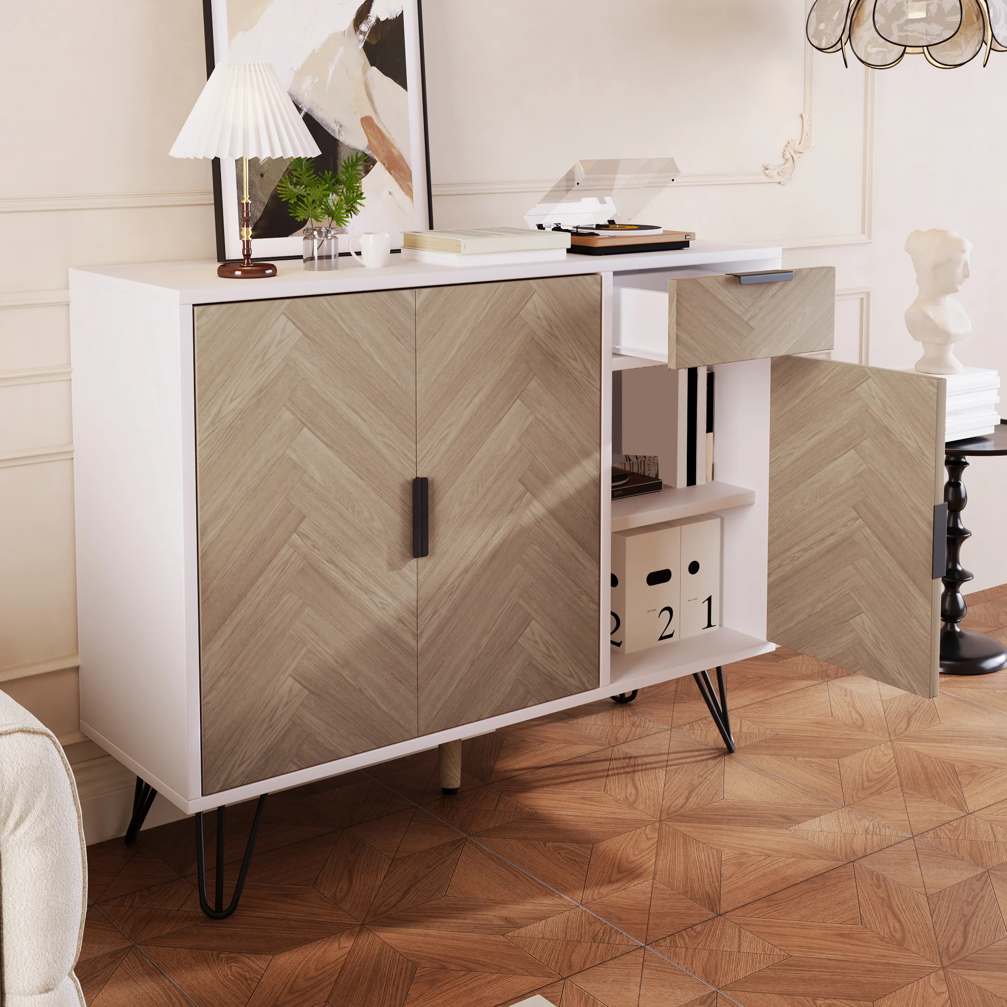 Modern storage cabinet, sideboard with drawer and adjustable shelves, white and wood look - Image 8