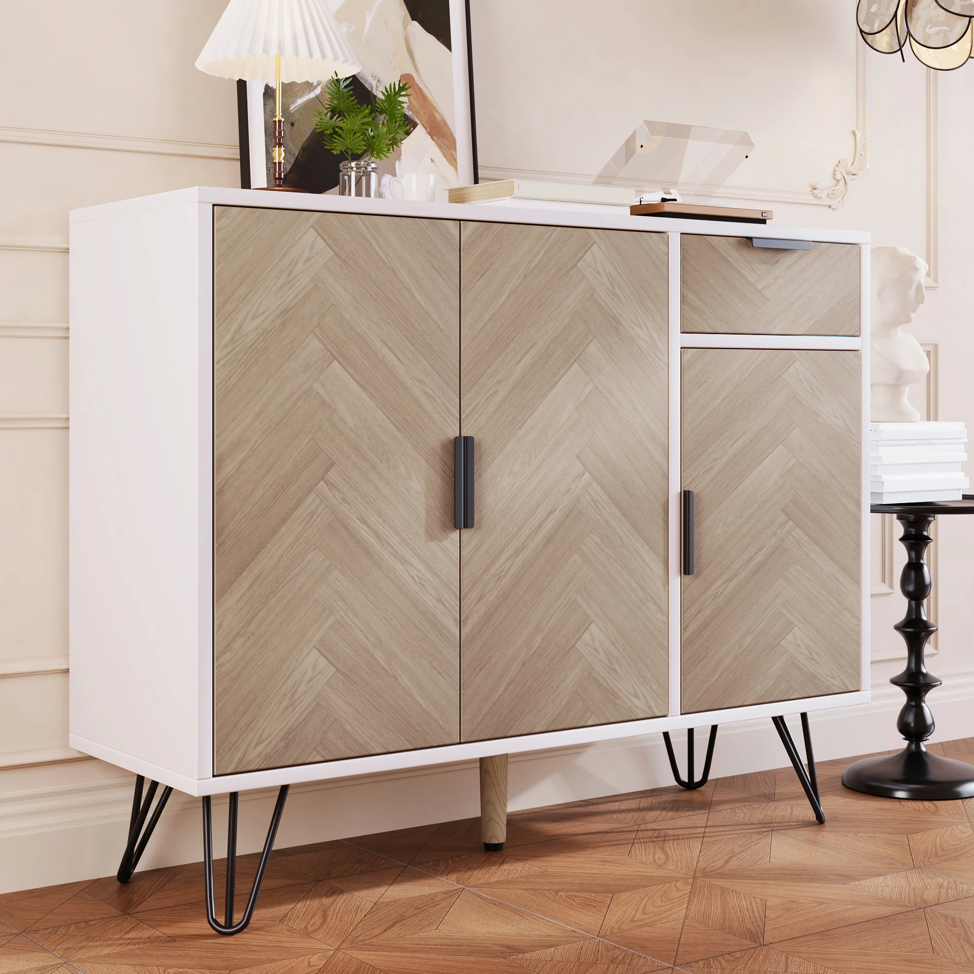 Modern storage cabinet, sideboard with drawer and adjustable shelves, white and wood look - Image 9