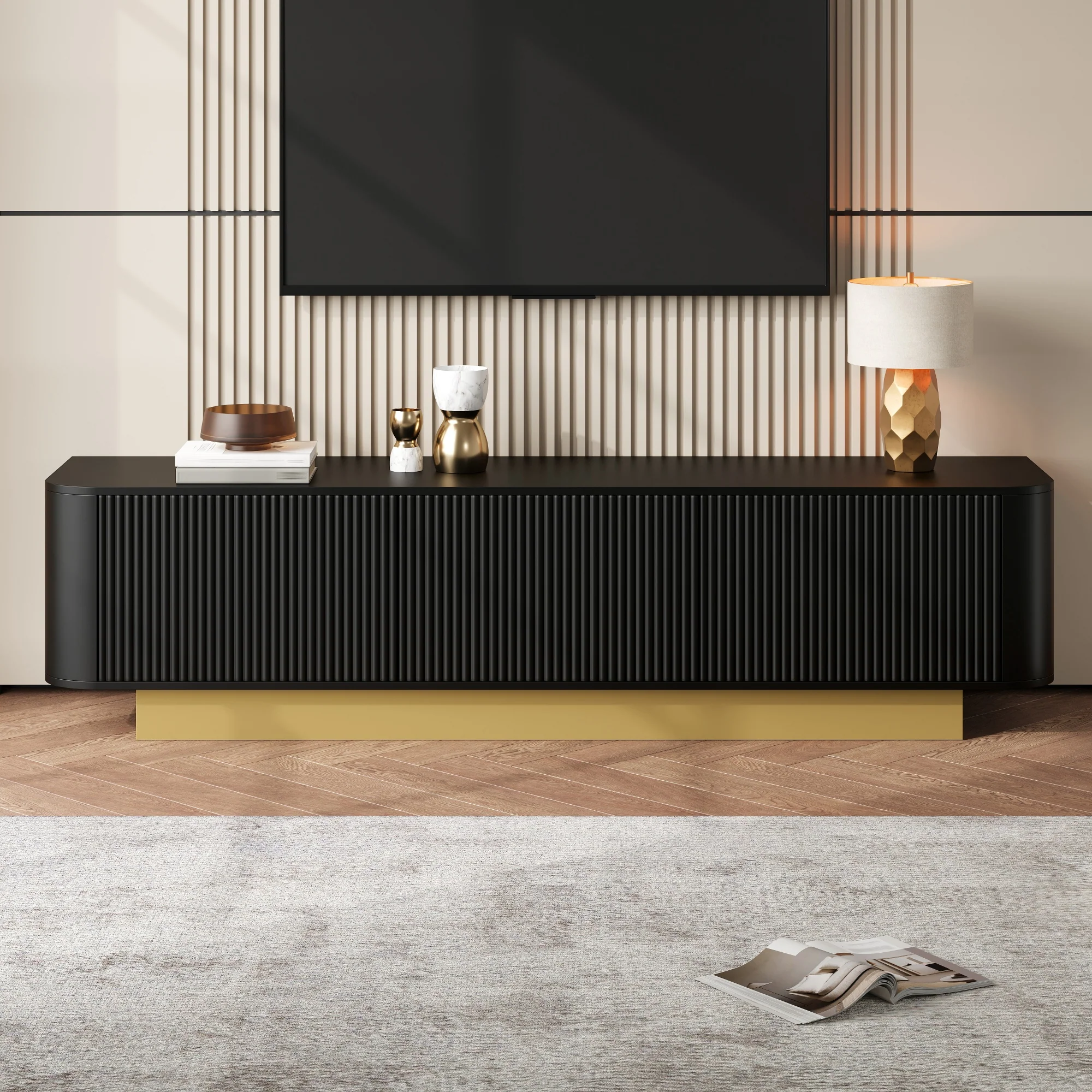 Modern TV Stand with Storage and Textured Front, Black