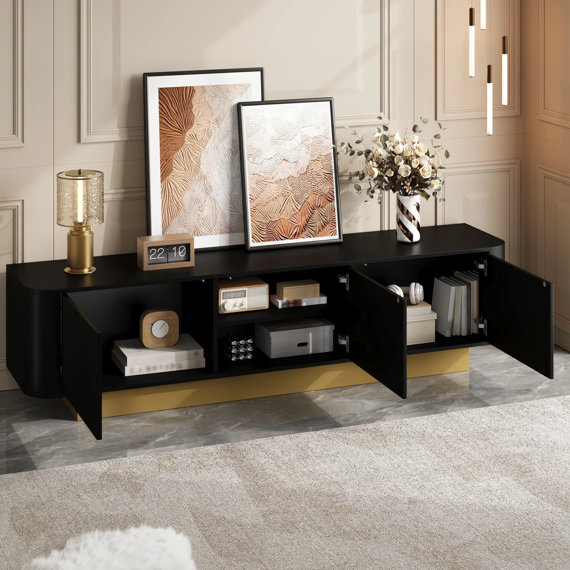 Modern TV Stand with Storage and Textured Front, Black - Image 10