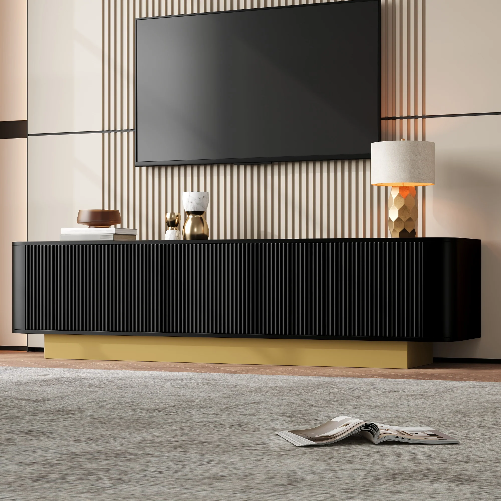 Modern TV Stand with Storage and Textured Front, Black - Image 4