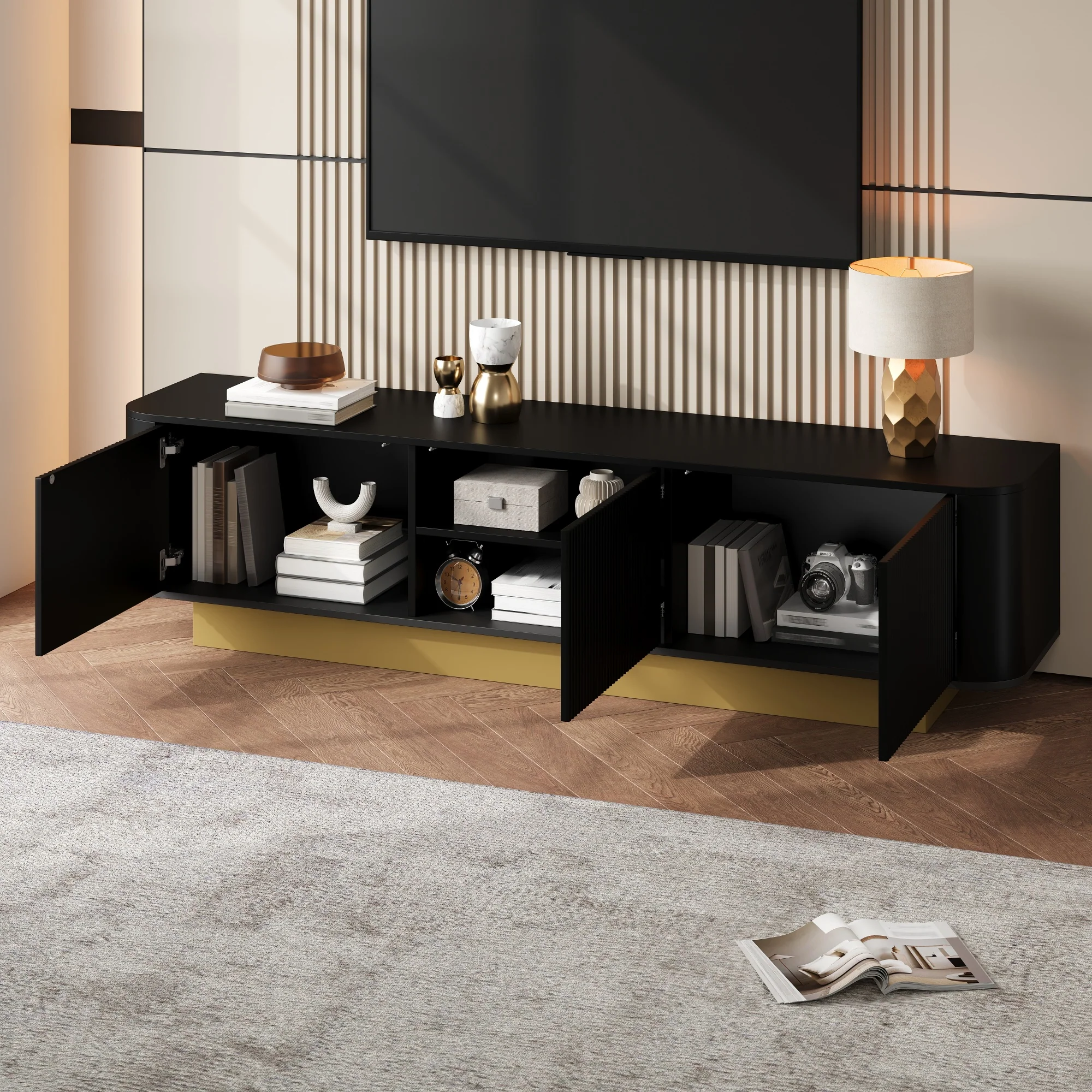 Modern TV Stand with Storage and Textured Front, Black - Image 5