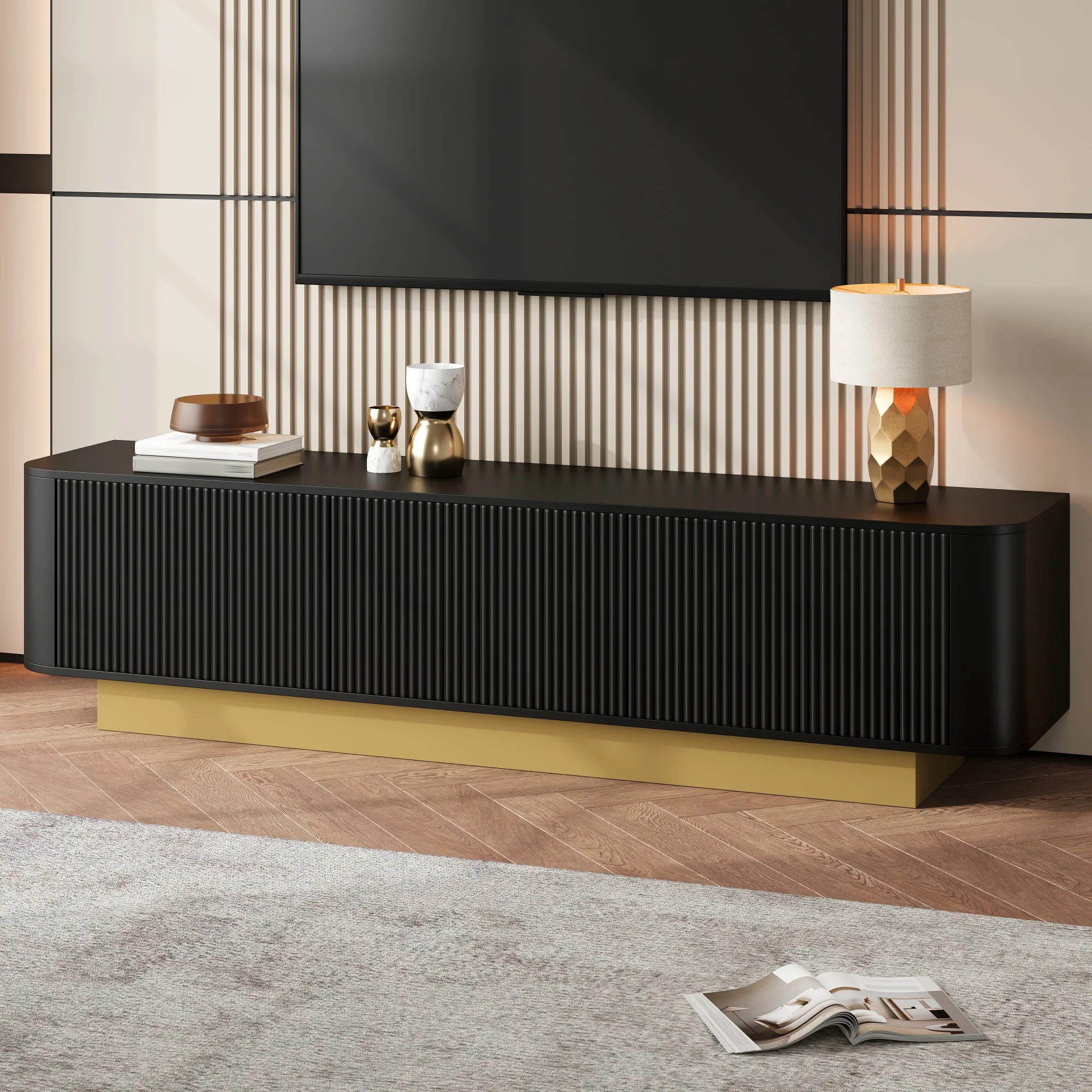 Modern TV Stand with Storage and Textured Front, Black - Image 6