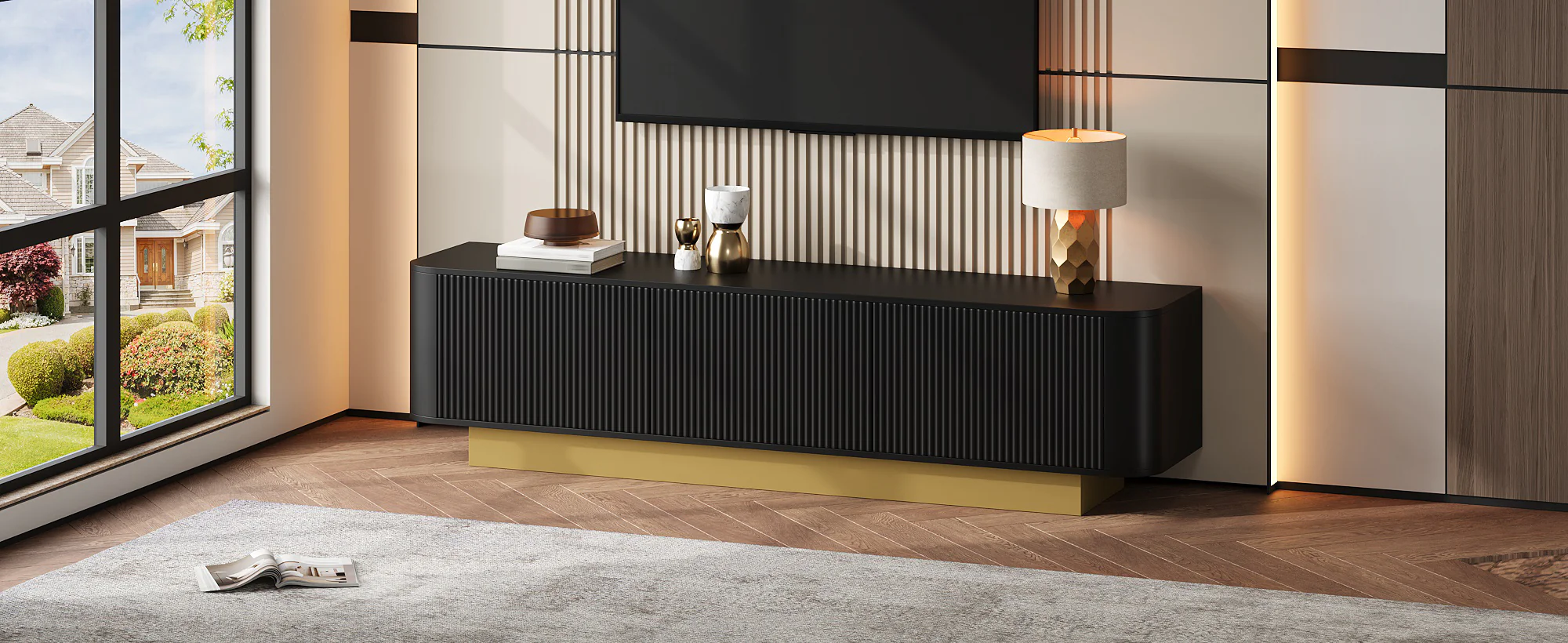 Modern TV Stand with Storage and Textured Front, Black - Image 7
