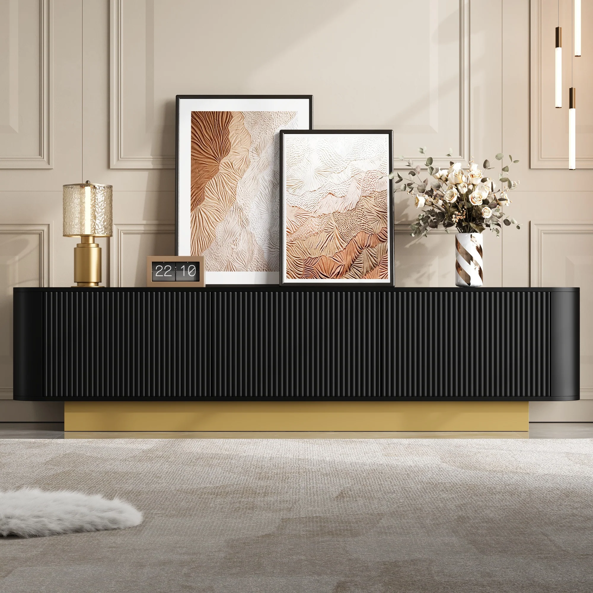 Modern TV Stand with Storage and Textured Front, Black - Image 8