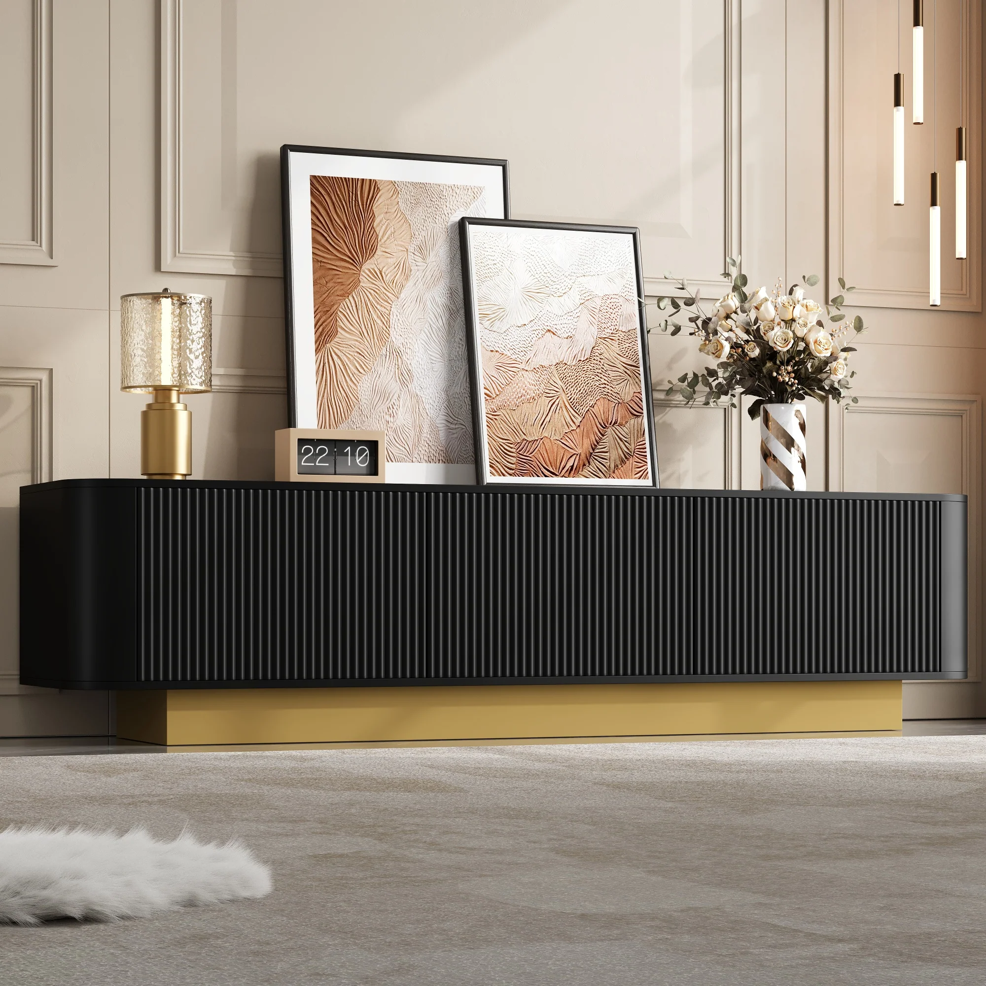 Modern TV Stand with Storage and Textured Front, Black - Image 9