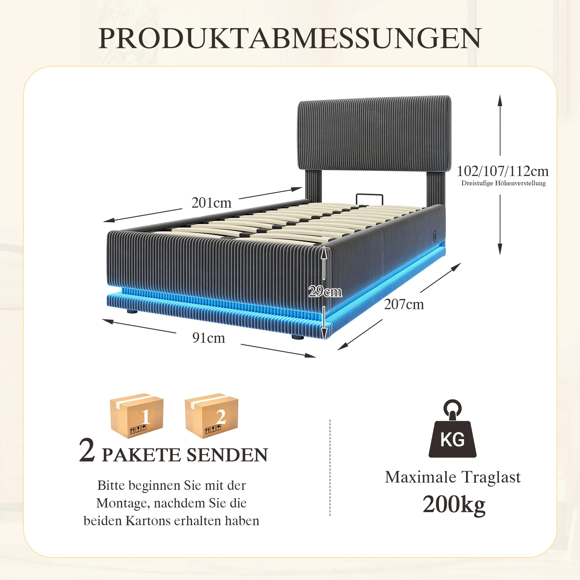 Modern Upholstered Bed with LED, USB-C Charging and Storage, 90x200, Gray Corduroy - Image 2