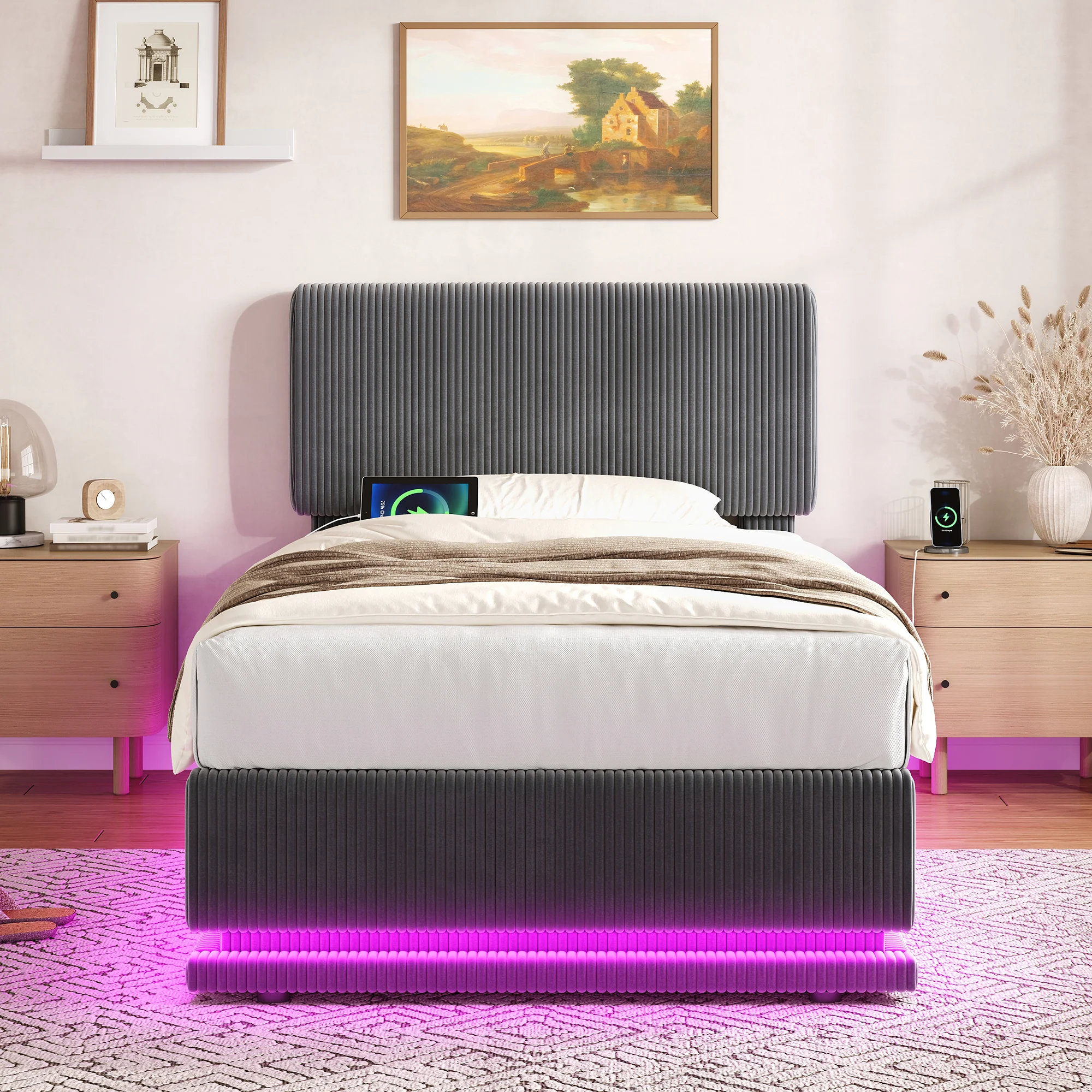 Modern Upholstered Bed with LED, USB-C Charging and Storage, 90x200, Gray Corduroy - Image 3