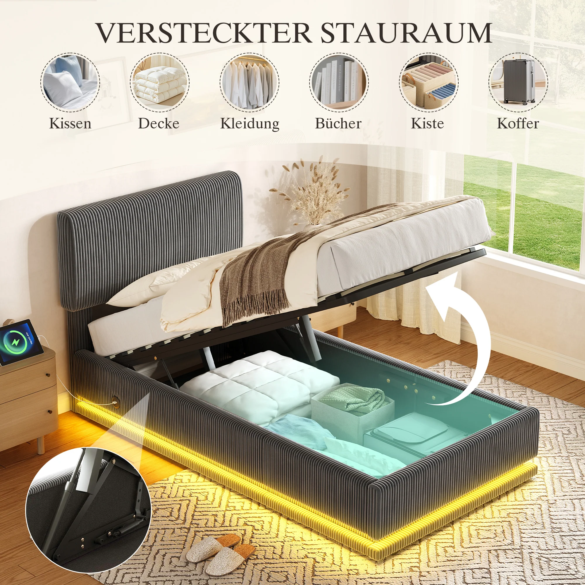 Modern Upholstered Bed with LED, USB-C Charging and Storage, 90x200, Gray Corduroy - Image 4