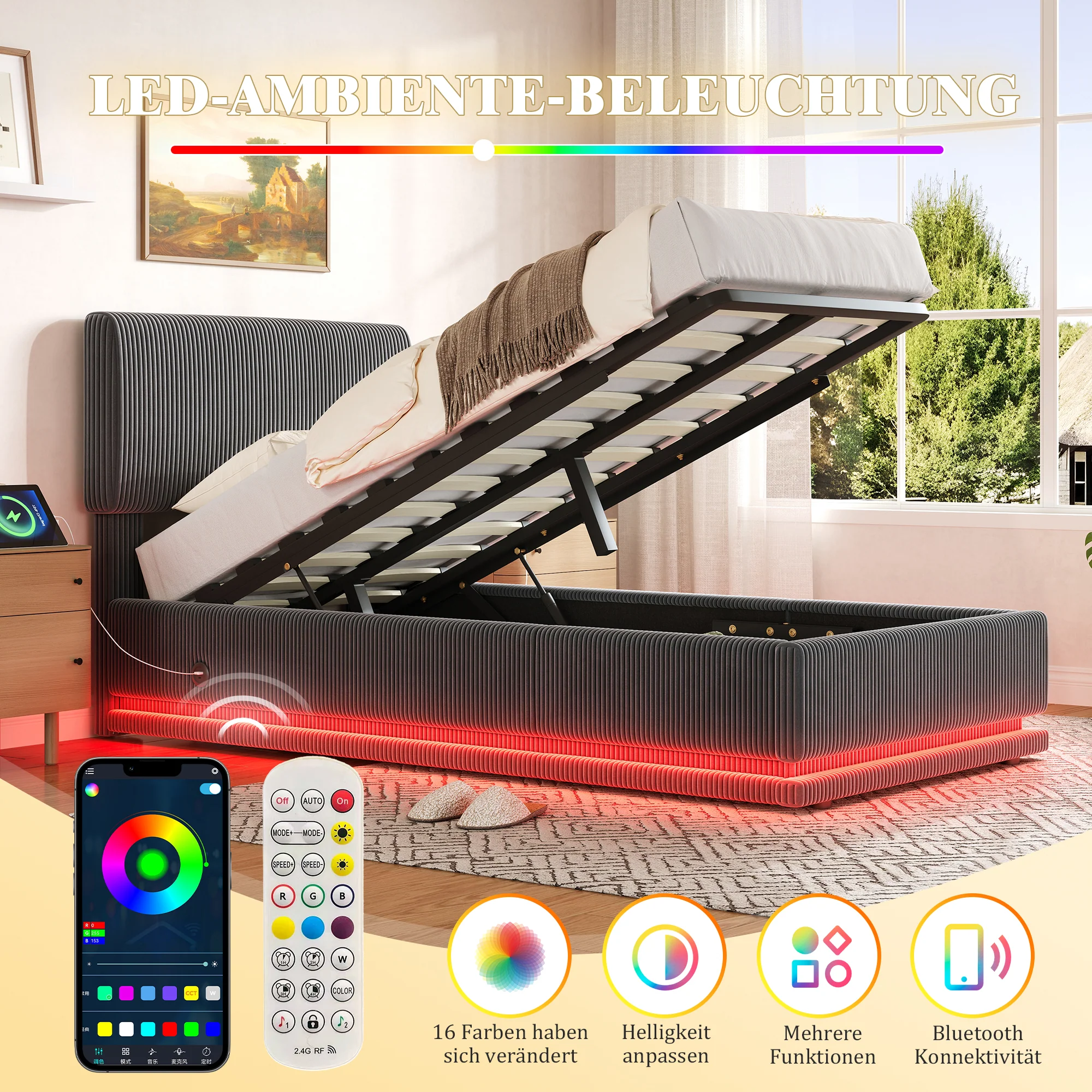 Modern Upholstered Bed with LED, USB-C Charging and Storage, 90x200, Gray Corduroy - Image 5