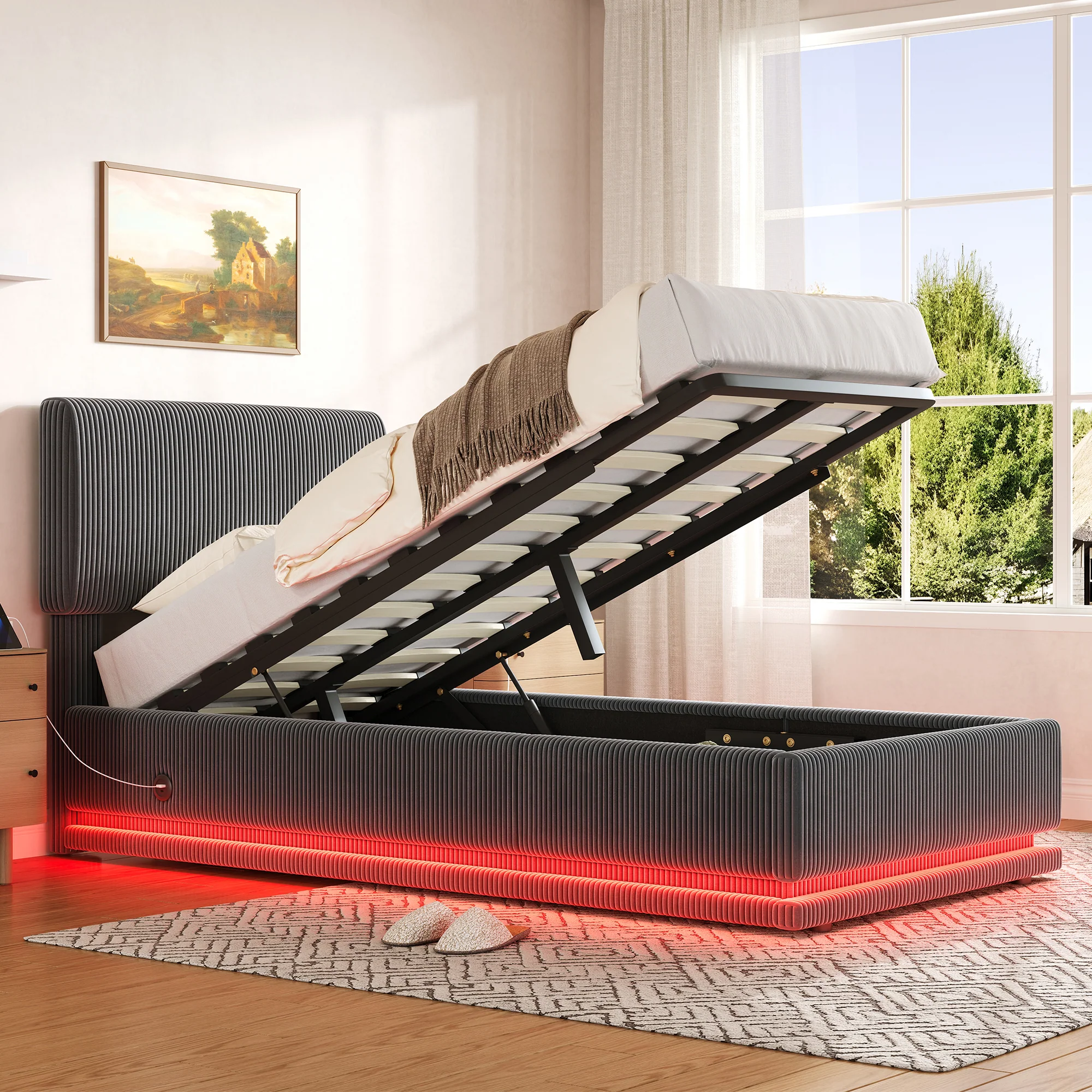 Modern Upholstered Bed with LED, USB-C Charging and Storage, 90x200, Gray Corduroy - Image 6