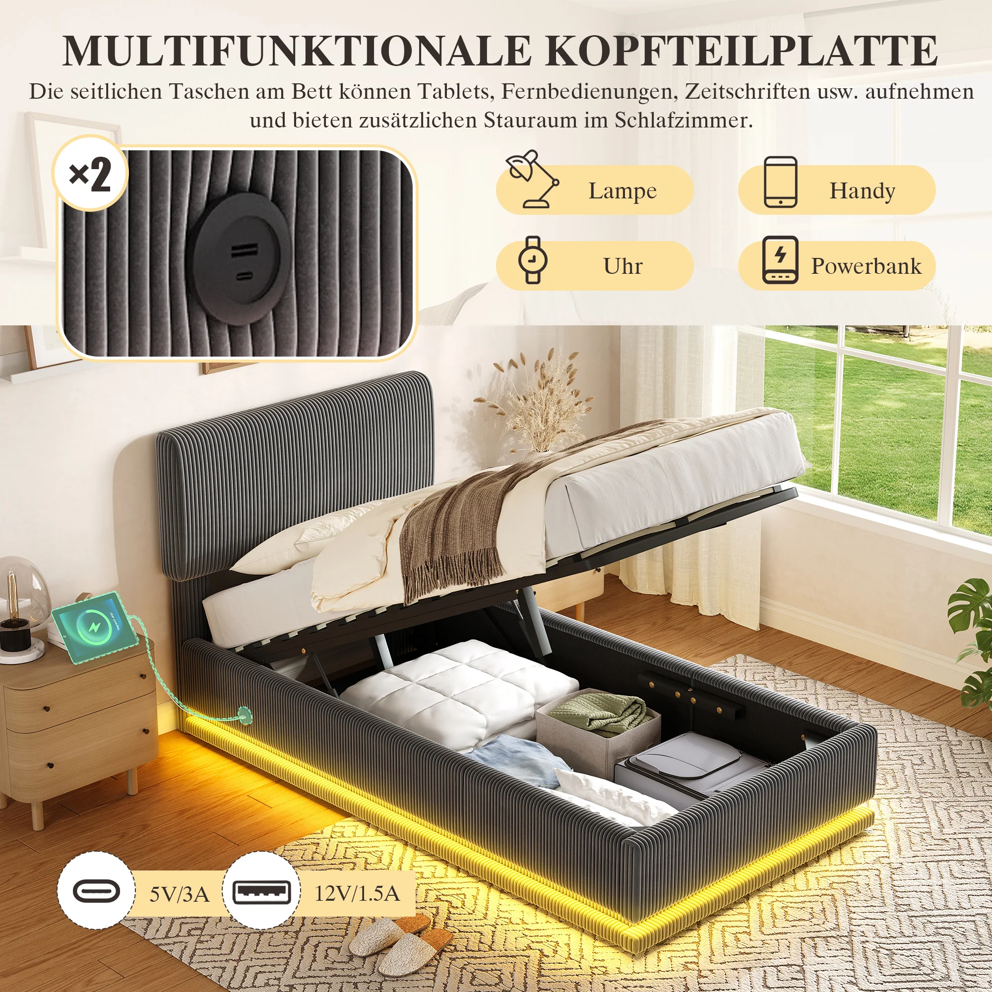 Modern Upholstered Bed with LED, USB-C Charging and Storage, 90x200, Gray Corduroy - Image 7