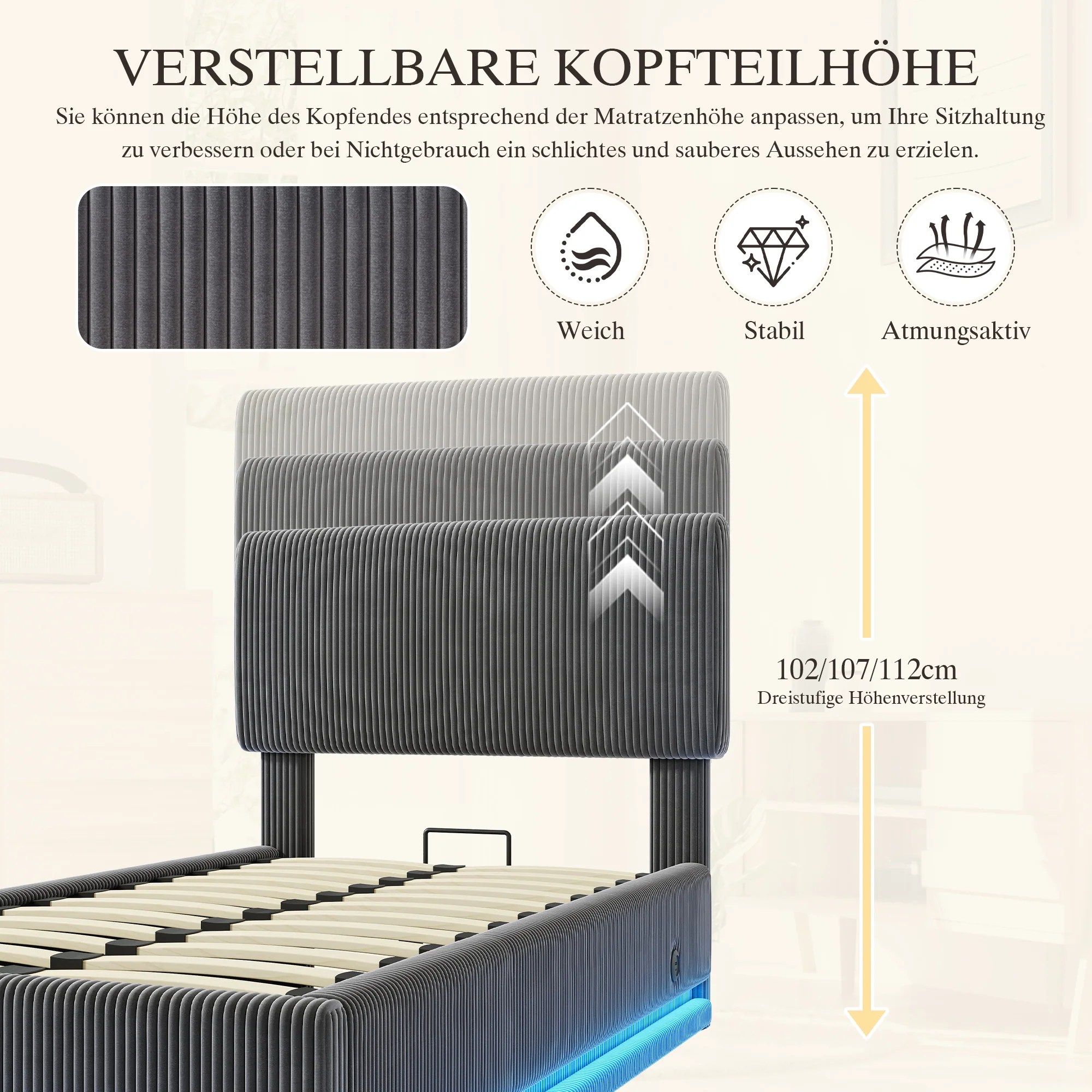 Modern Upholstered Bed with LED, USB-C Charging and Storage, 90x200, Gray Corduroy - Image 8