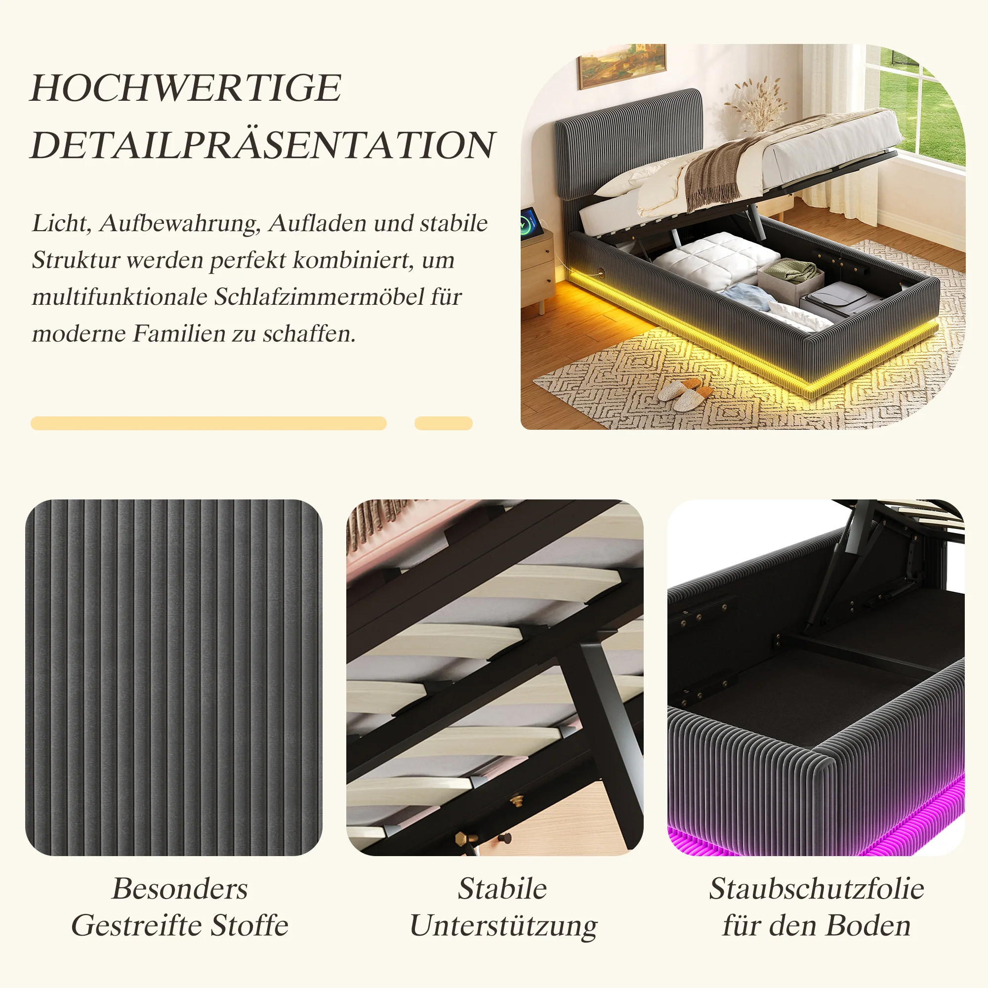 Modern Upholstered Bed with LED, USB-C Charging and Storage, 90x200, Gray Corduroy - Image 9