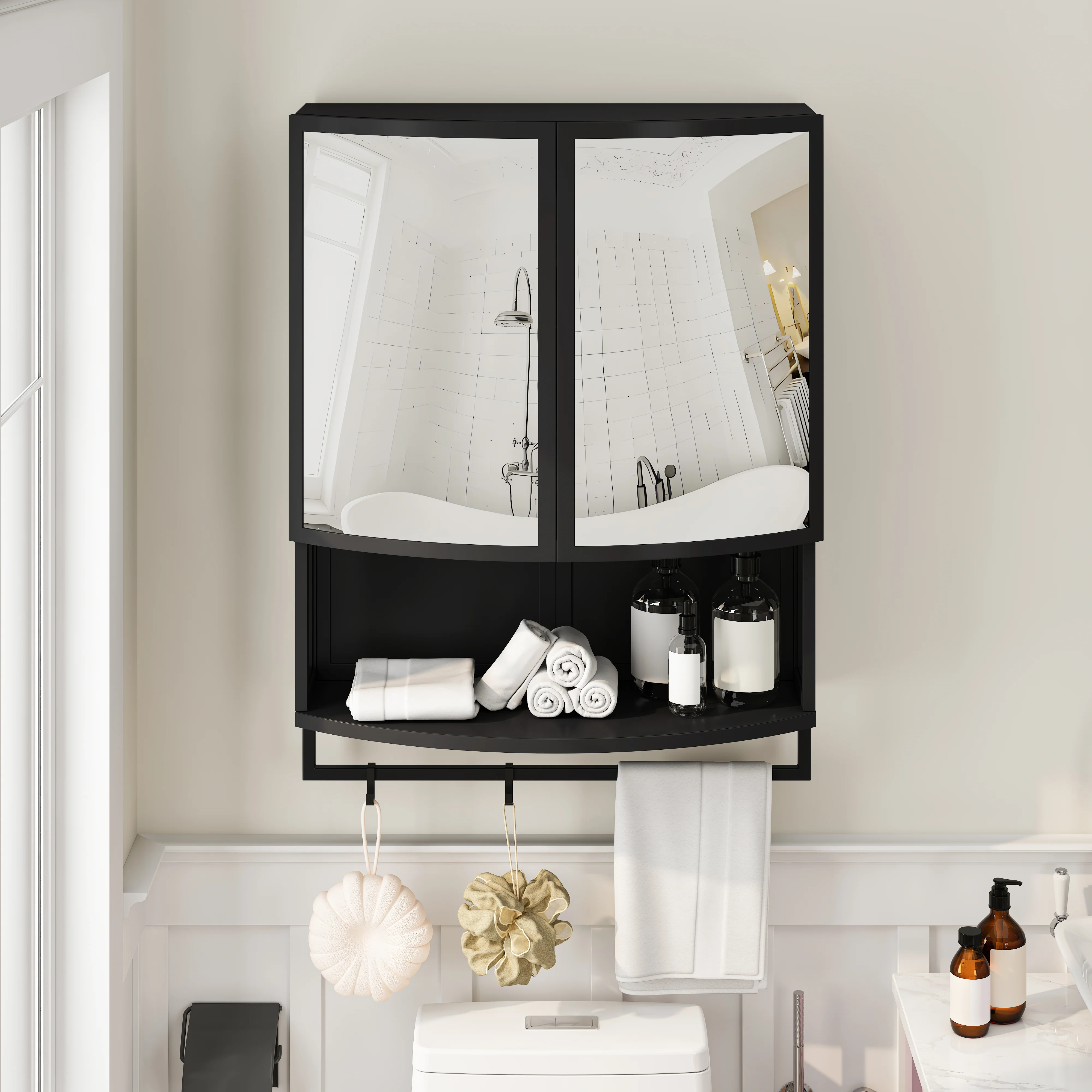 Modern Wardrobe 60CM Arched Glass Double-Door Storage Shelf Black