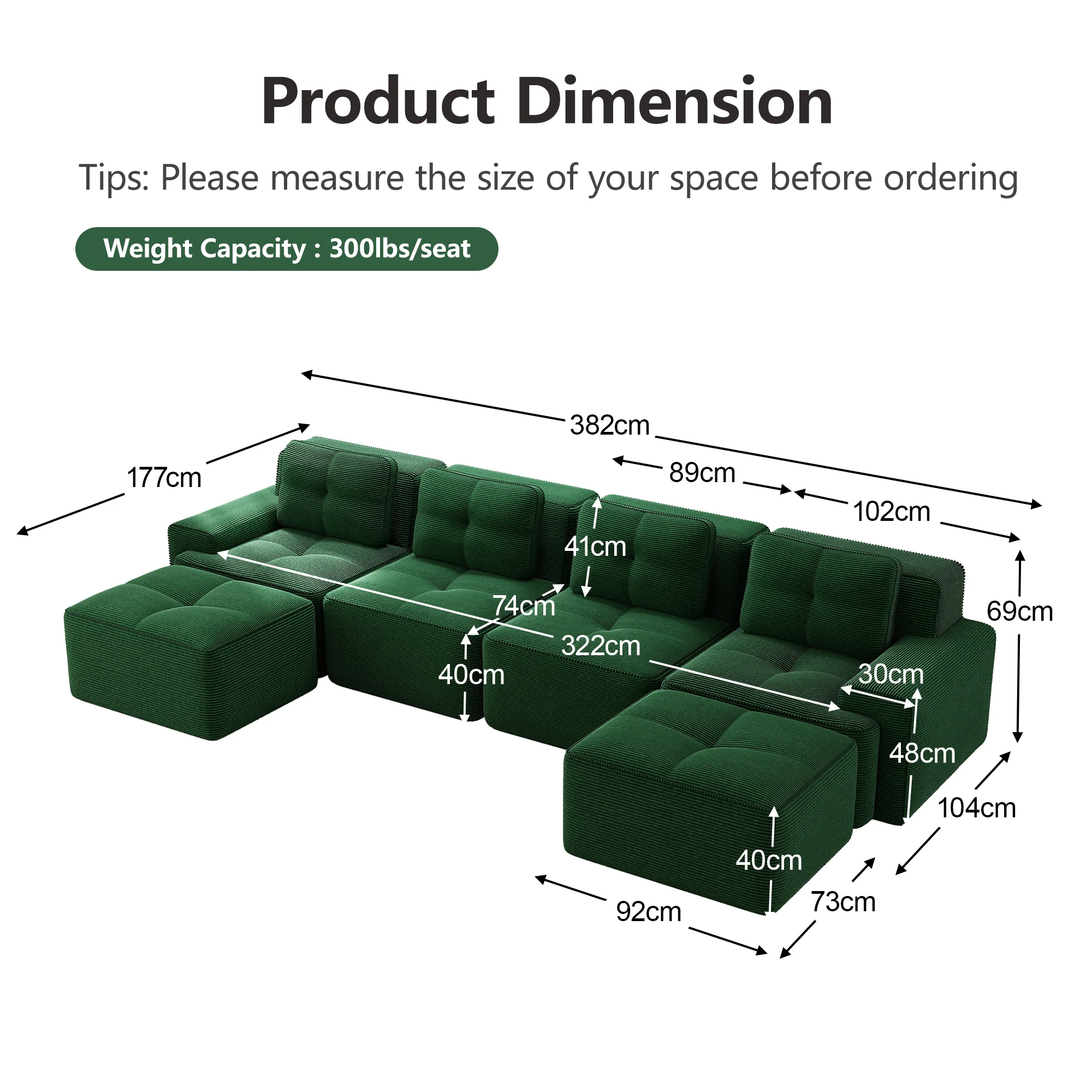 Modular Boneless Sofa U-Shaped Chaise 4-Seater - Corduroy Green - Image 7