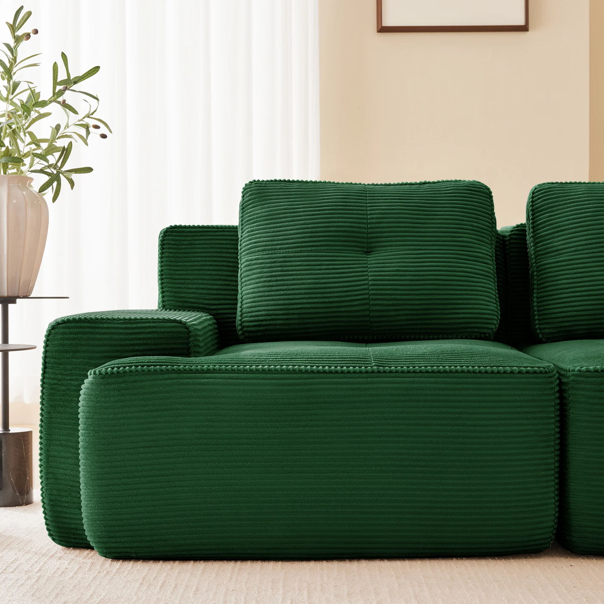 Modular Boneless Sofa U-Shaped Chaise 4-Seater - Corduroy Green - Image 9