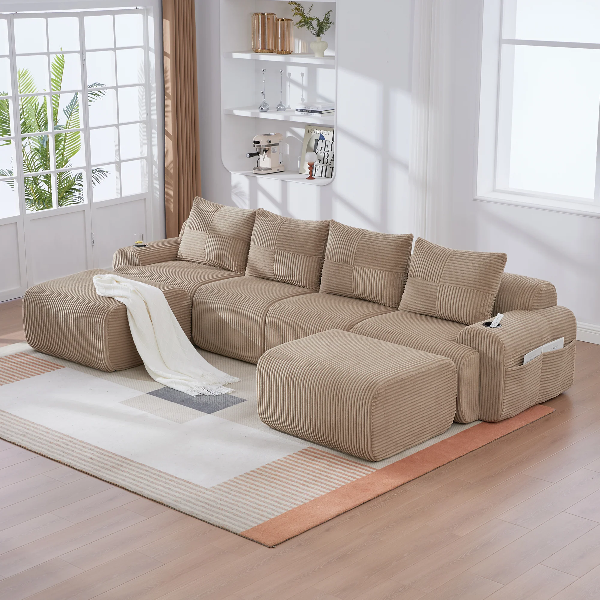 Modular Corduroy Sofa 4-Seater with 2 Ottomans Cup Holders Storage Pocket Khaki - Image 10