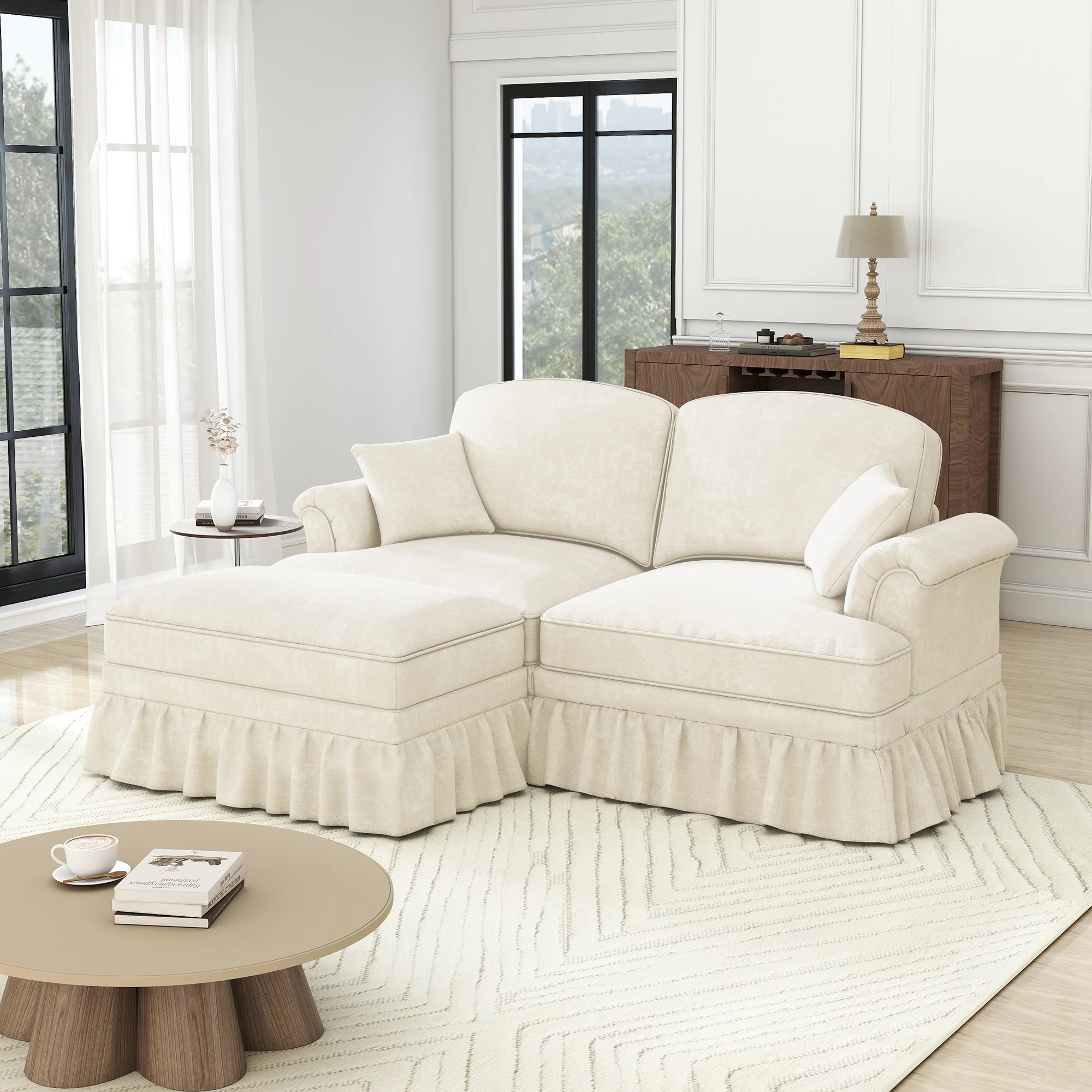 Modular L-Shaped Sofa 2-Seater Mid-Century Ottoman - White Chenille - Image 2