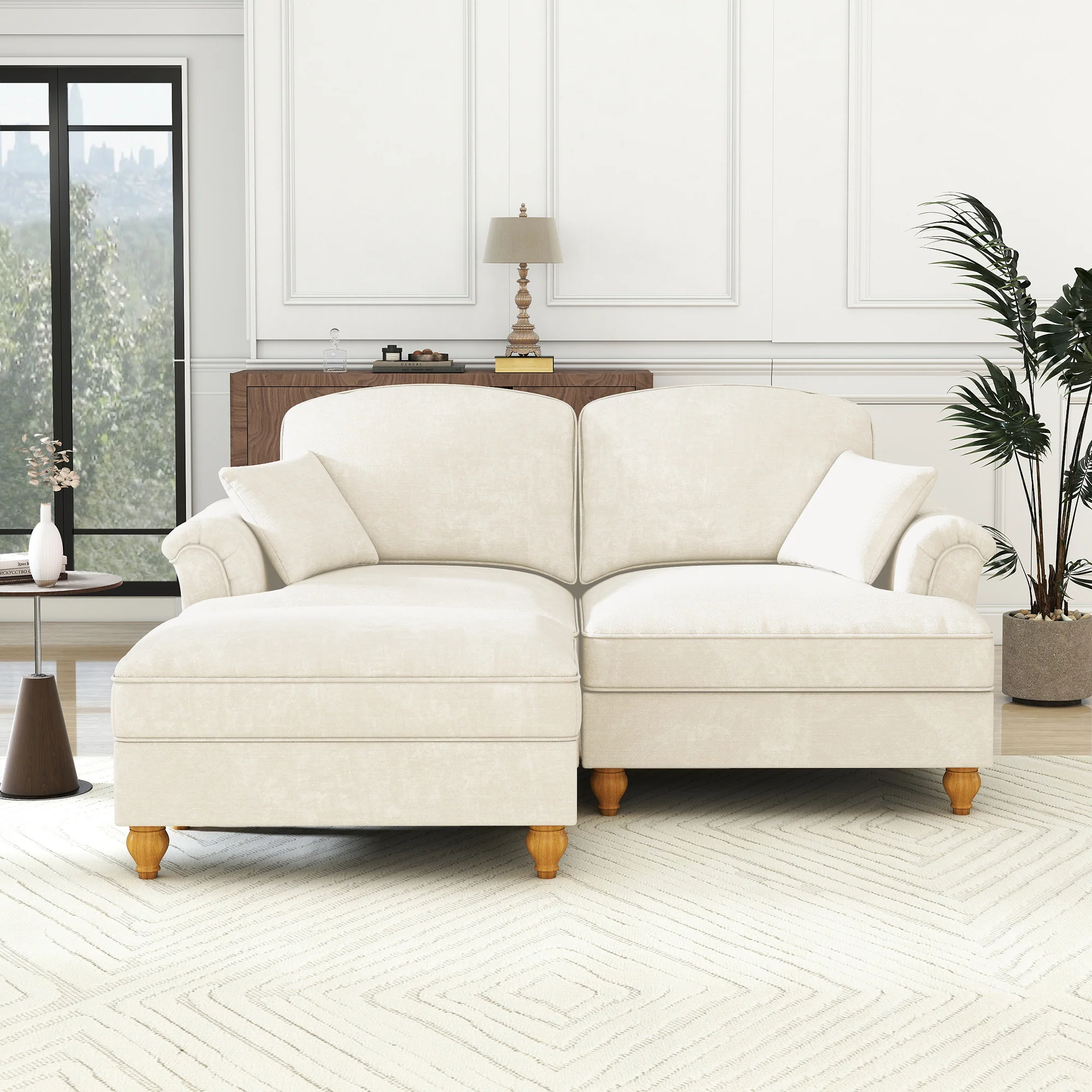 Modular L-Shaped Sofa 2-Seater Mid-Century Ottoman - White Chenille - Image 3