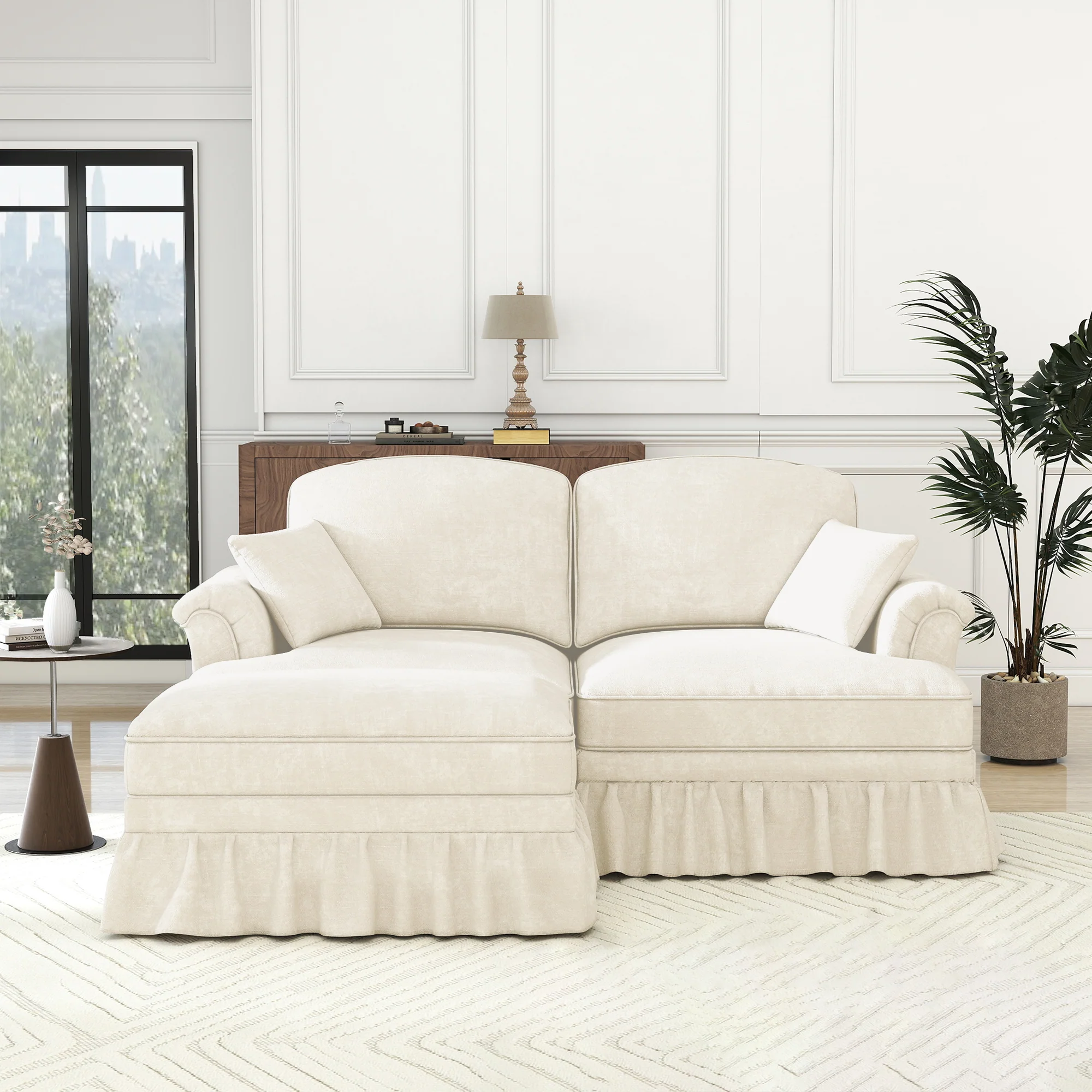 Modular L-Shaped Sofa 2-Seater Mid-Century Ottoman - White Chenille - Image 4