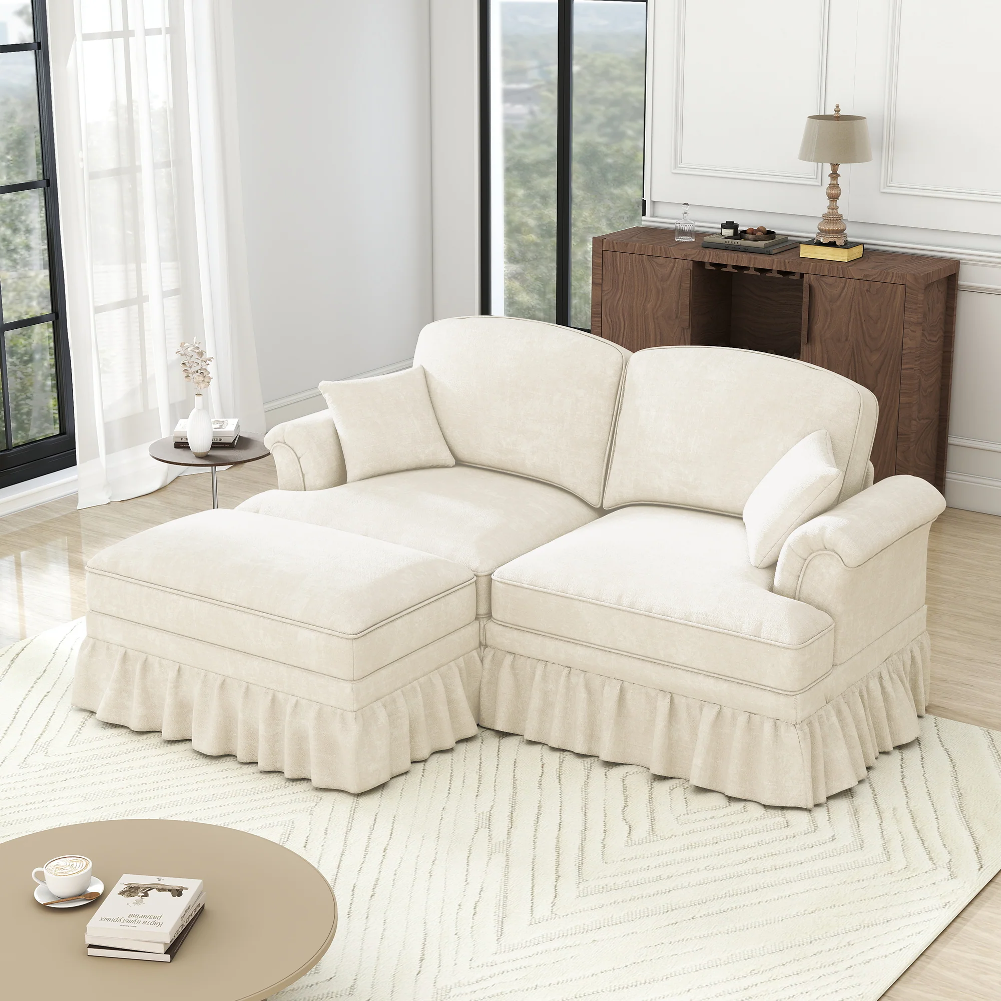 Modular L-Shaped Sofa 2-Seater Mid-Century Ottoman - White Chenille - Image 5