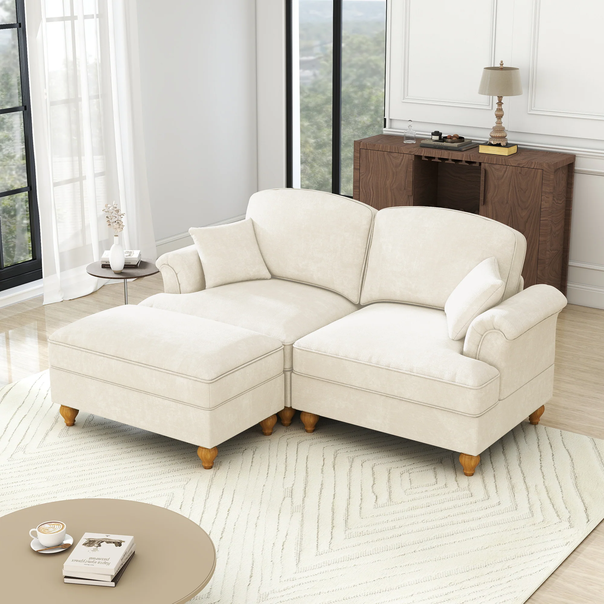 Modular L-Shaped Sofa 2-Seater Mid-Century Ottoman - White Chenille - Image 6