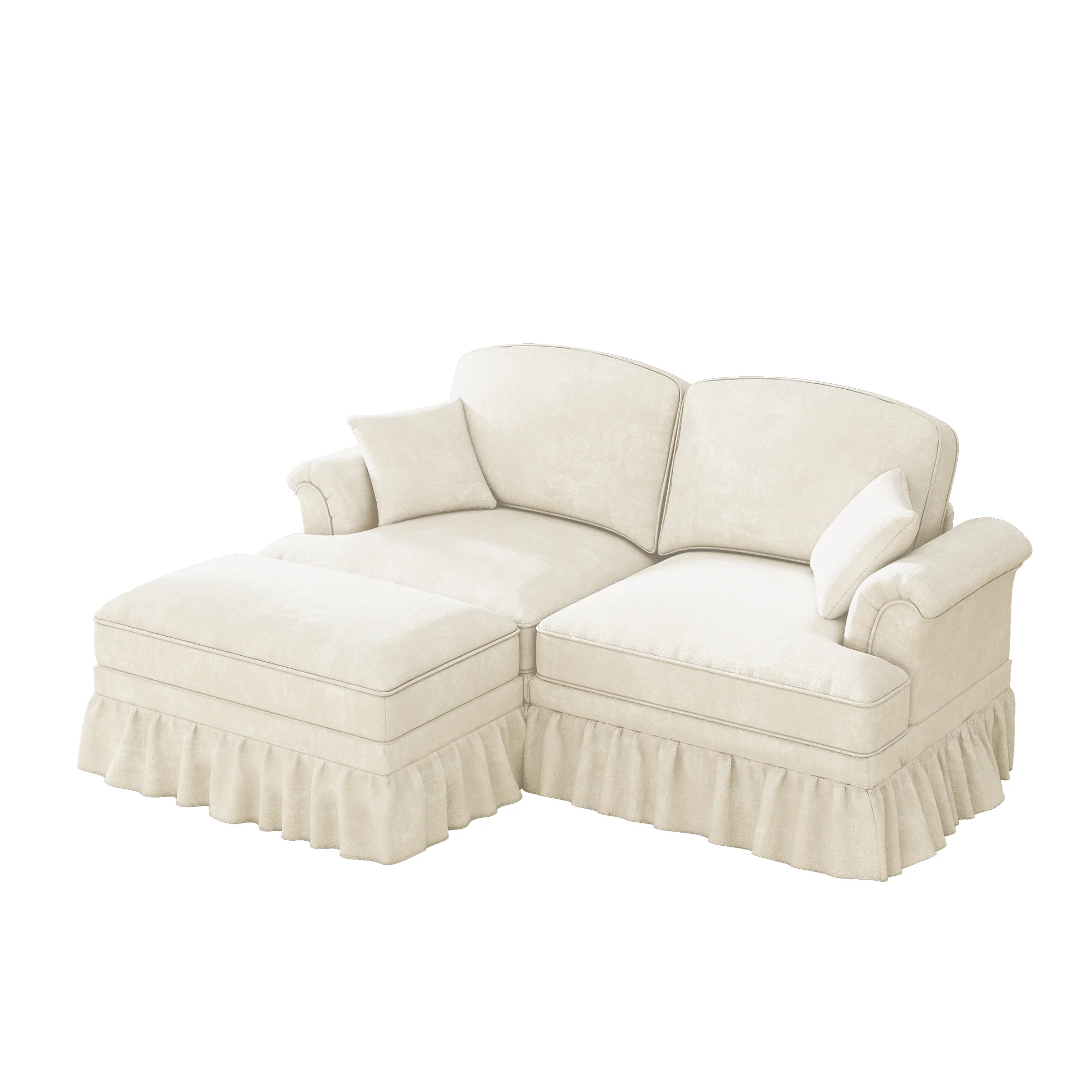 Modular L-Shaped Sofa 2-Seater Mid-Century Ottoman - White Chenille - Image 8