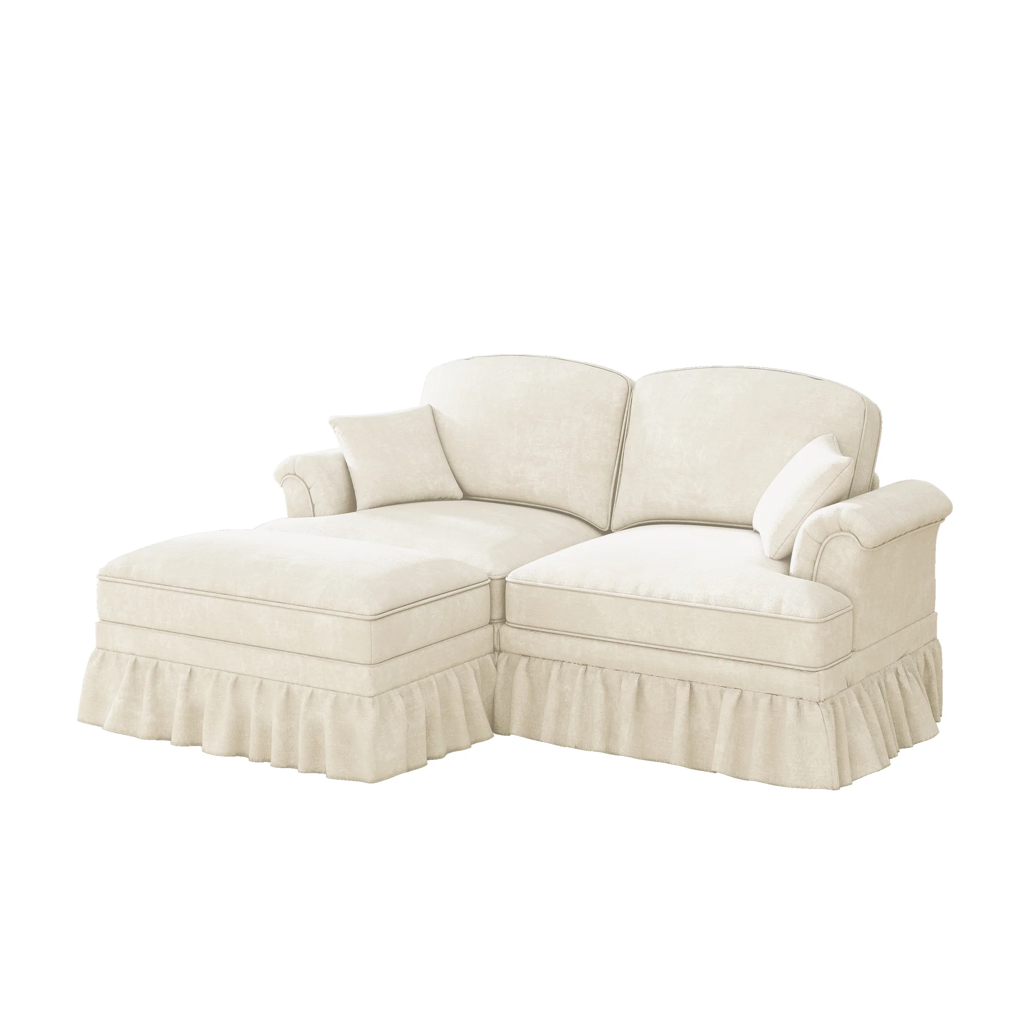 Modular L-Shaped Sofa 2-Seater Mid-Century Ottoman - White Chenille - Image 9