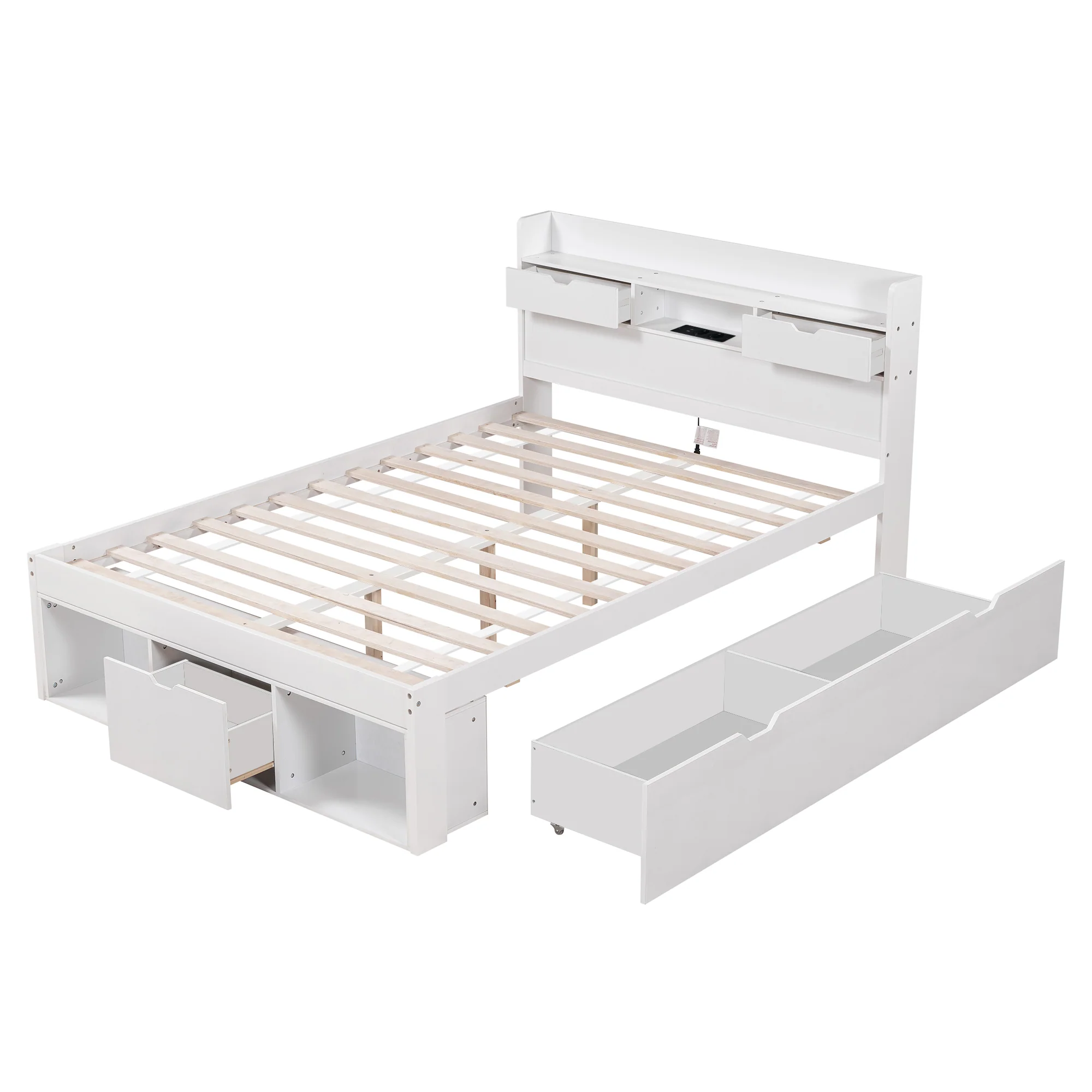 Multifunction Double Bed 135x190cm USB Port Drawers Storage - White - Image 10