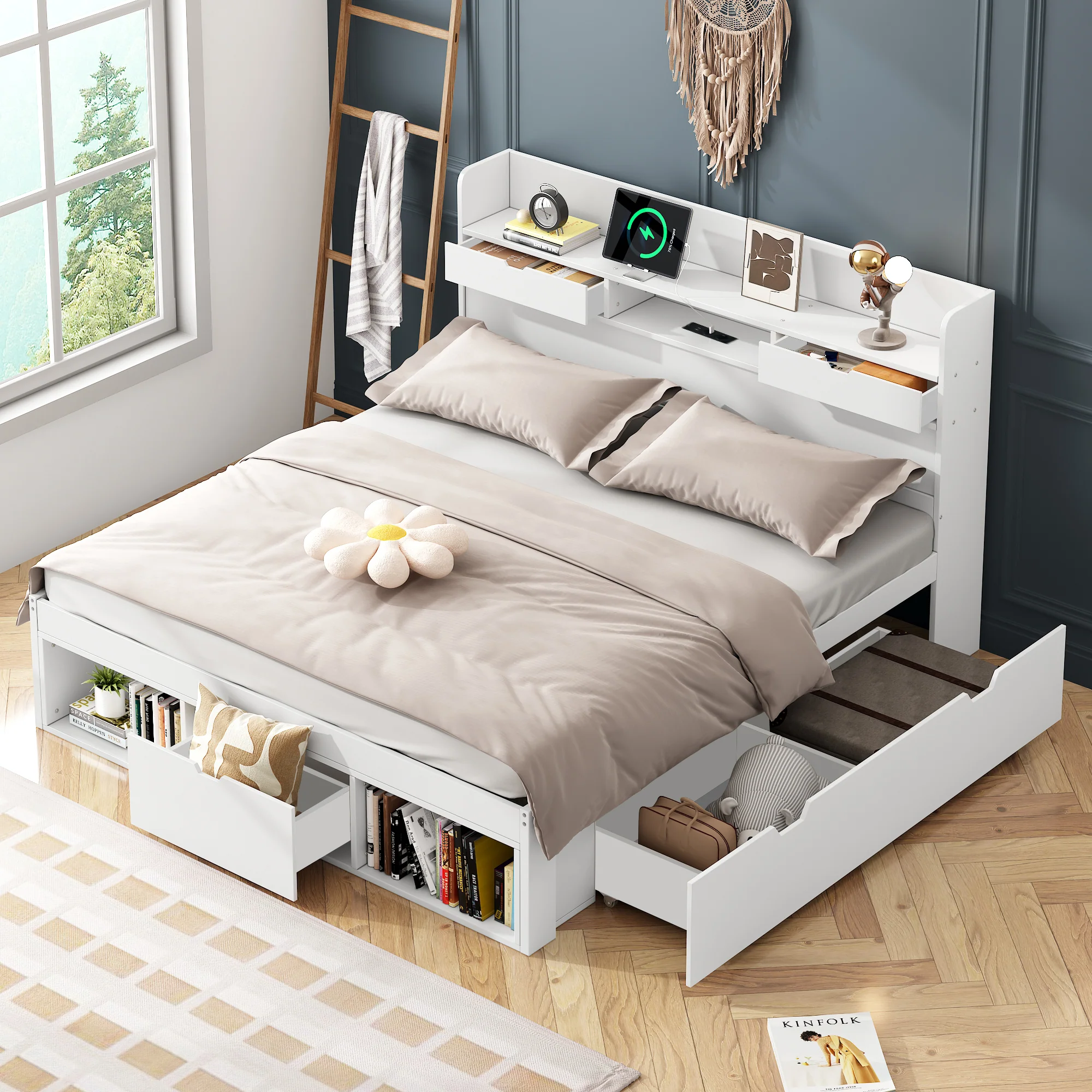 Multifunction Double Bed 135x190cm USB Port Drawers Storage - White - Image 2
