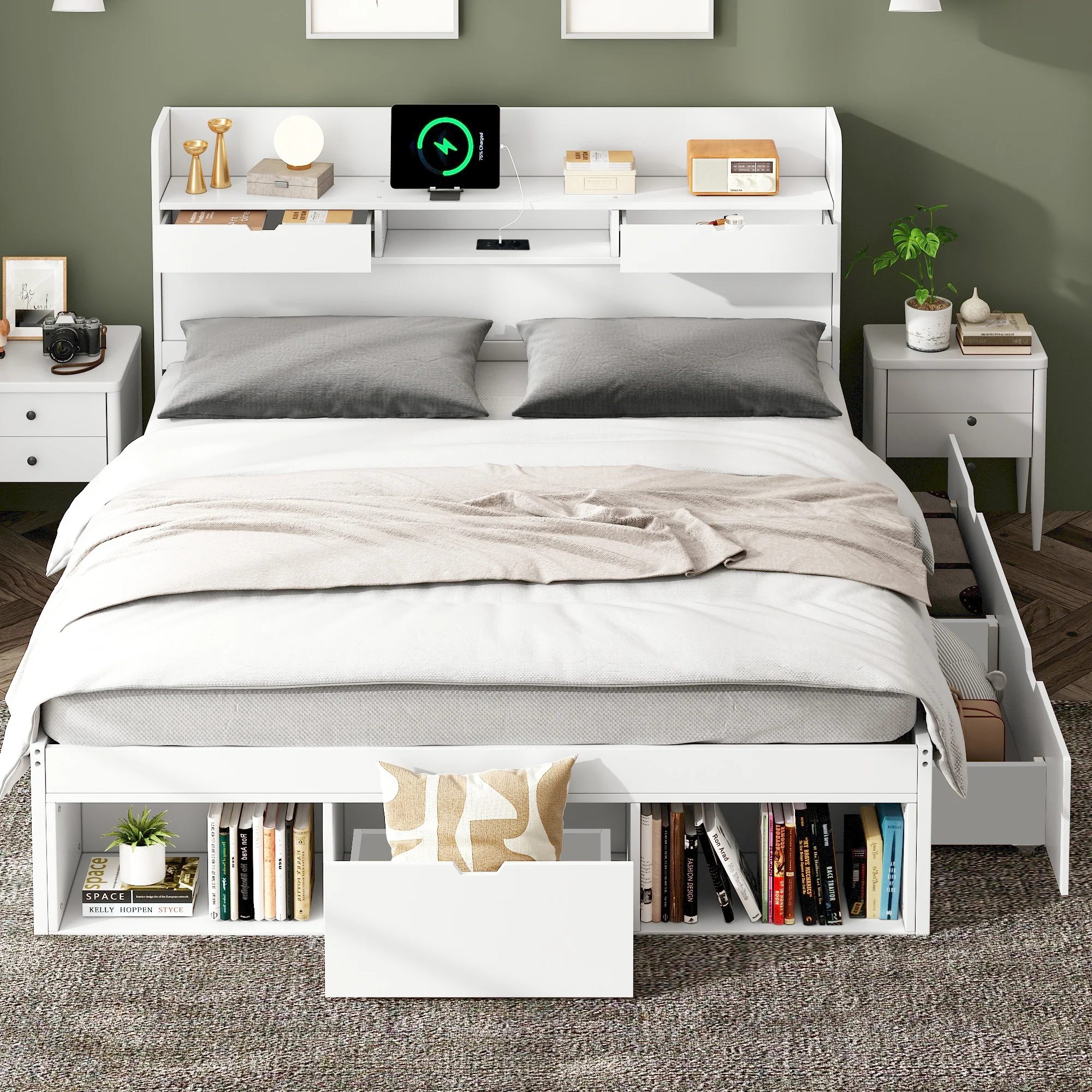 Multifunction Double Bed 135x190cm USB Port Drawers Storage - White - Image 3