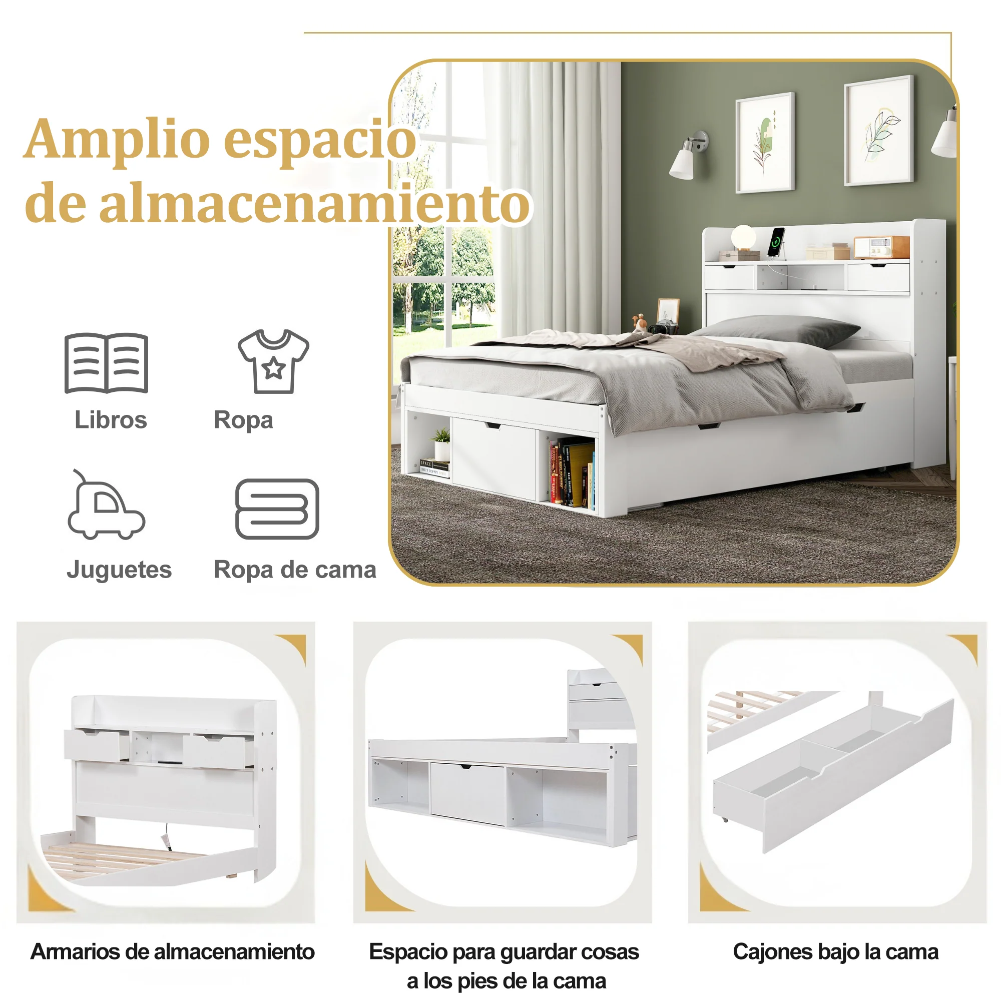 Multifunction Double Bed 135x190cm USB Port Drawers Storage - White - Image 5