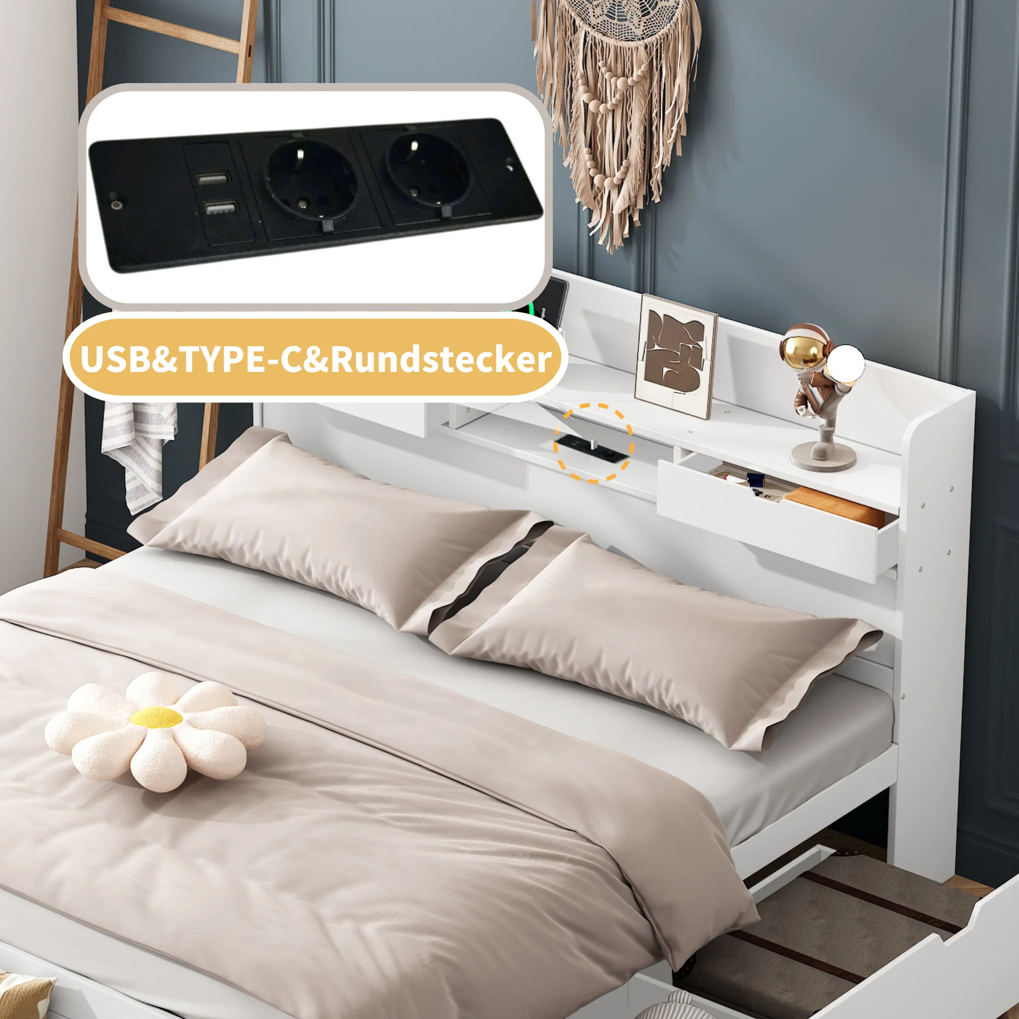 Multifunction Double Bed 135x190cm USB Port Drawers Storage - White - Image 6