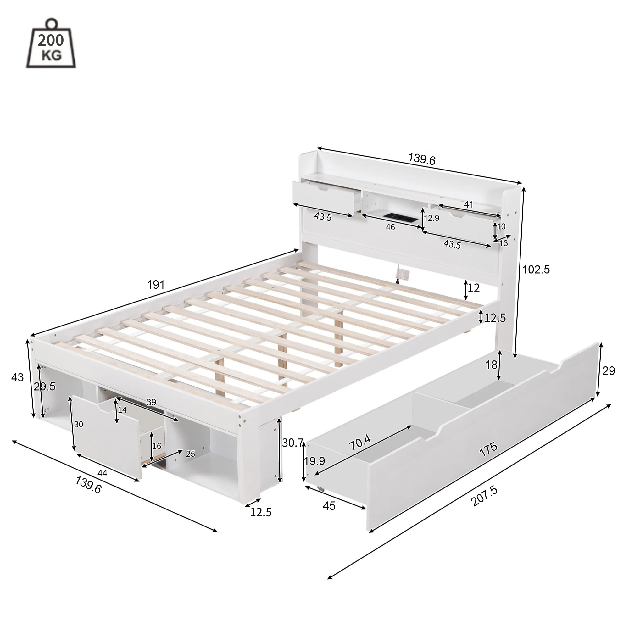 Multifunction Double Bed 135x190cm USB Port Drawers Storage - White - Image 7