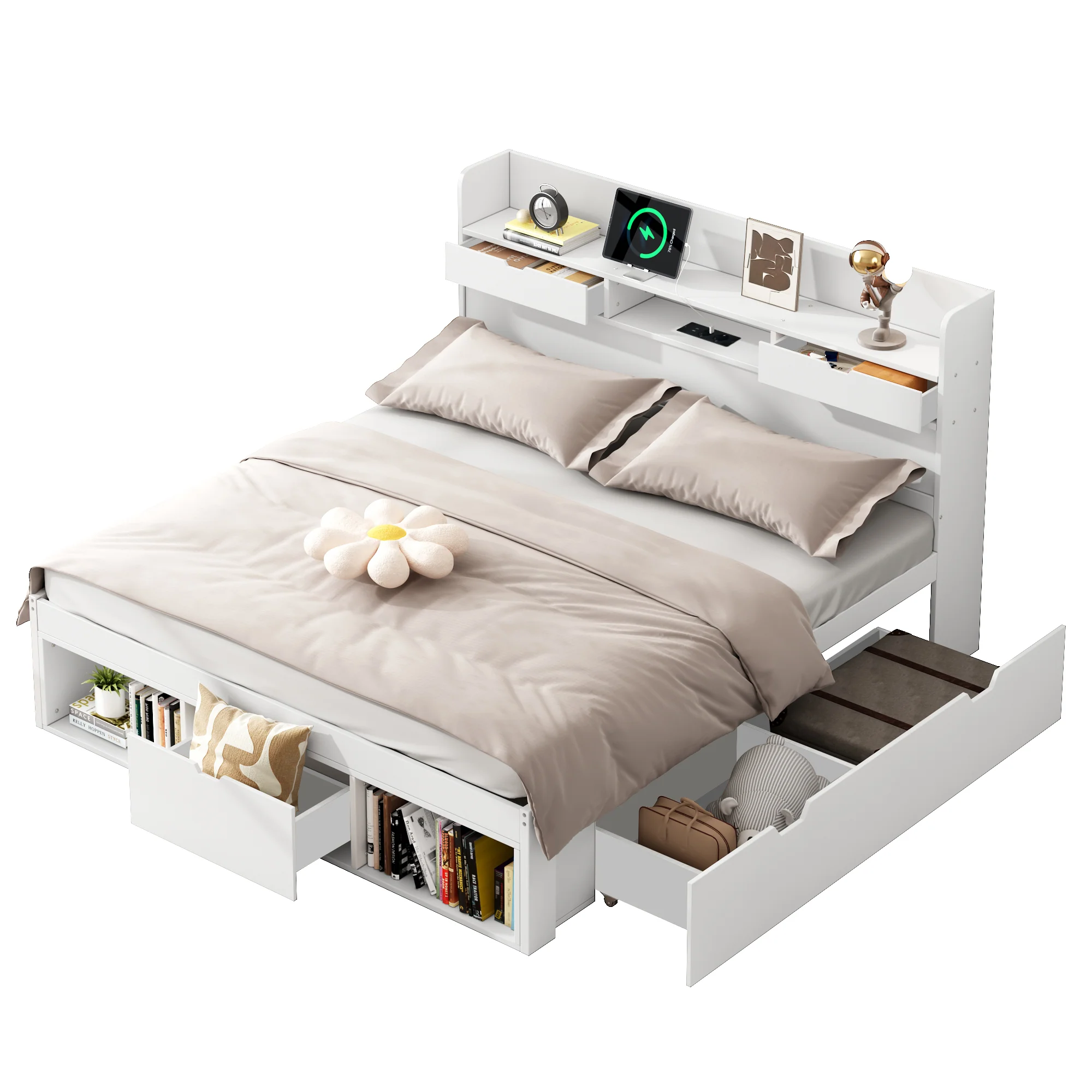 Multifunction Double Bed 135x190cm USB Port Drawers Storage - White - Image 8